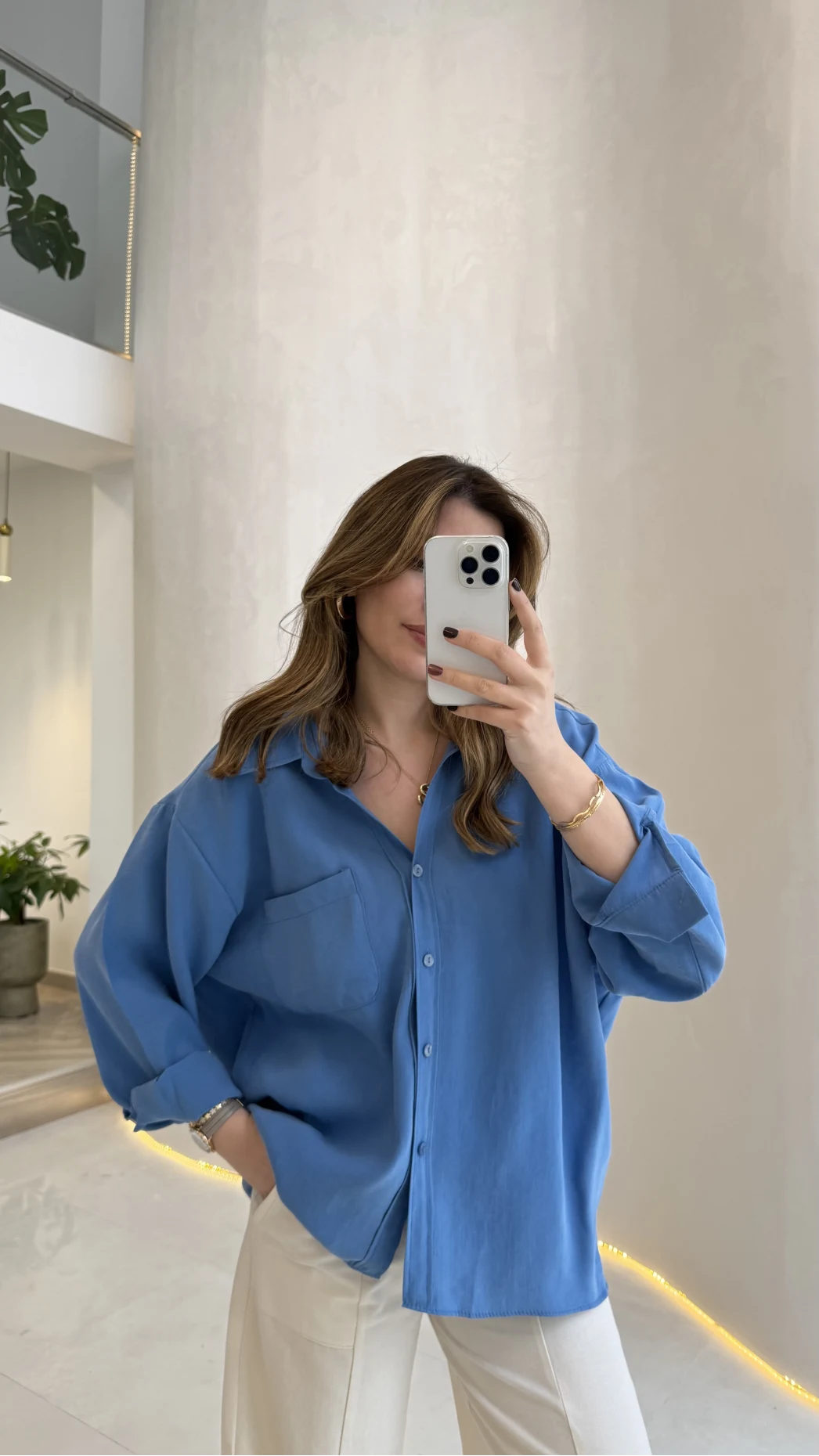 Düşük Omuzlu Modal Gömlek - Saks Mavisi - Kod:5050