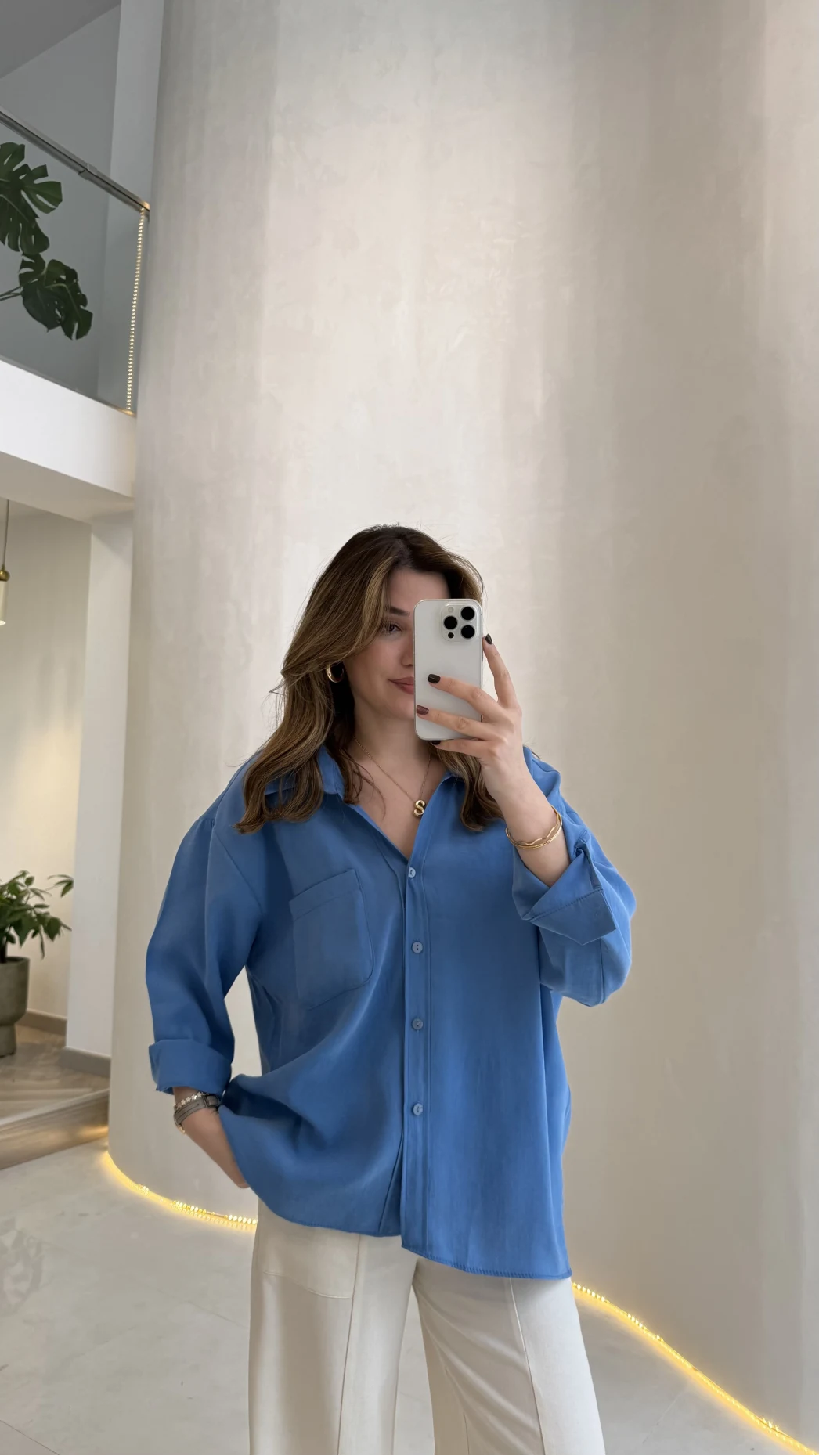 Düşük Omuzlu Modal Gömlek - Saks Mavisi - Kod:5050