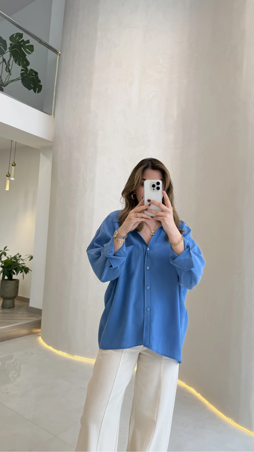 Düşük Omuzlu Modal Gömlek - Saks Mavisi - Kod:5050