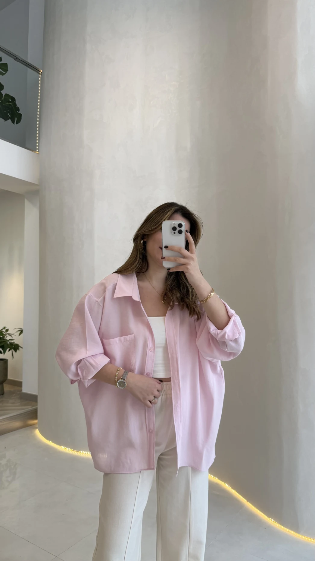 Düşük Omuzlu Modal Gömlek - Pembe - Kod:5050