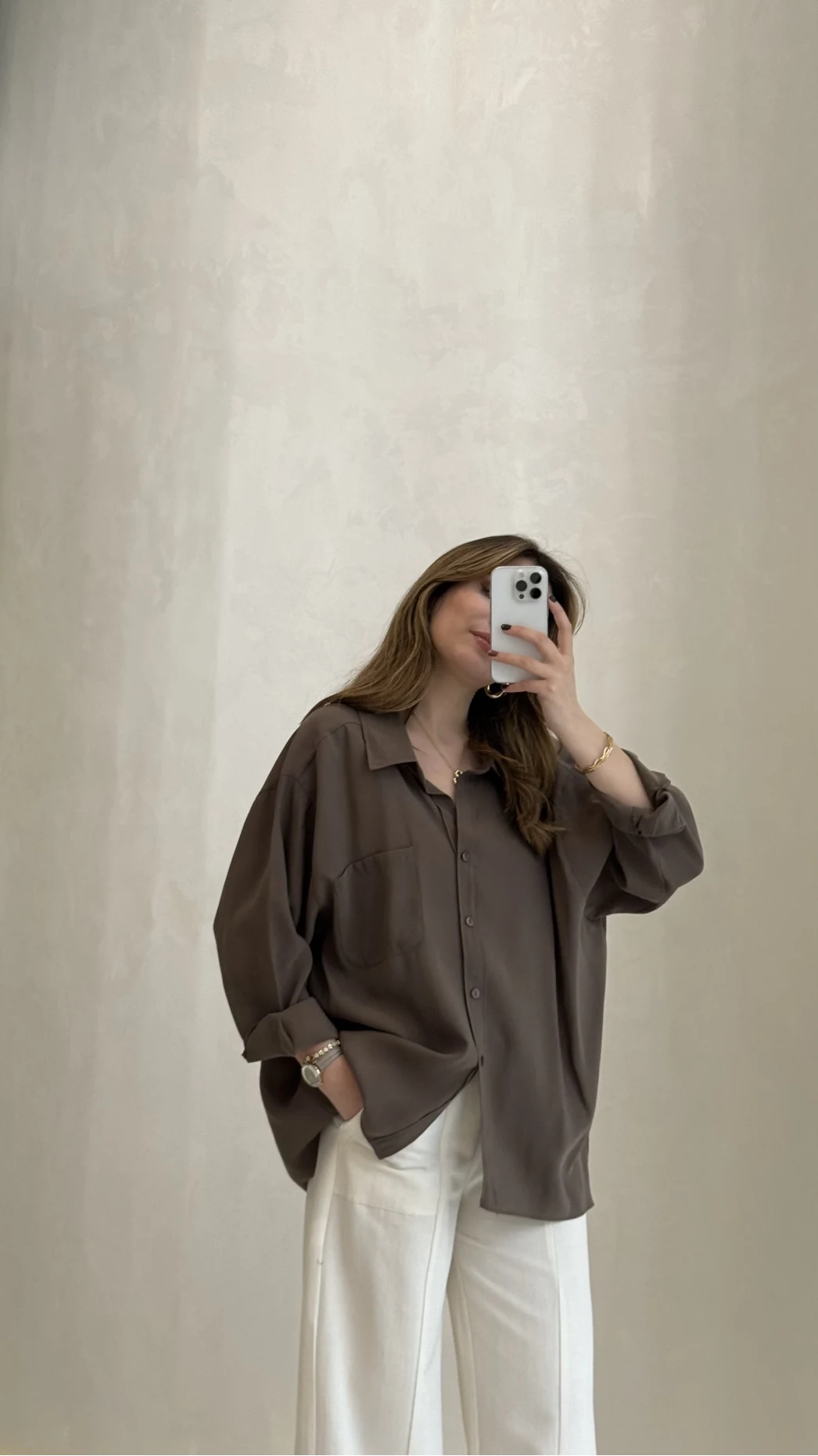 Düşük Omuzlu Modal Gömlek - Koyu Haki - Kod:5050