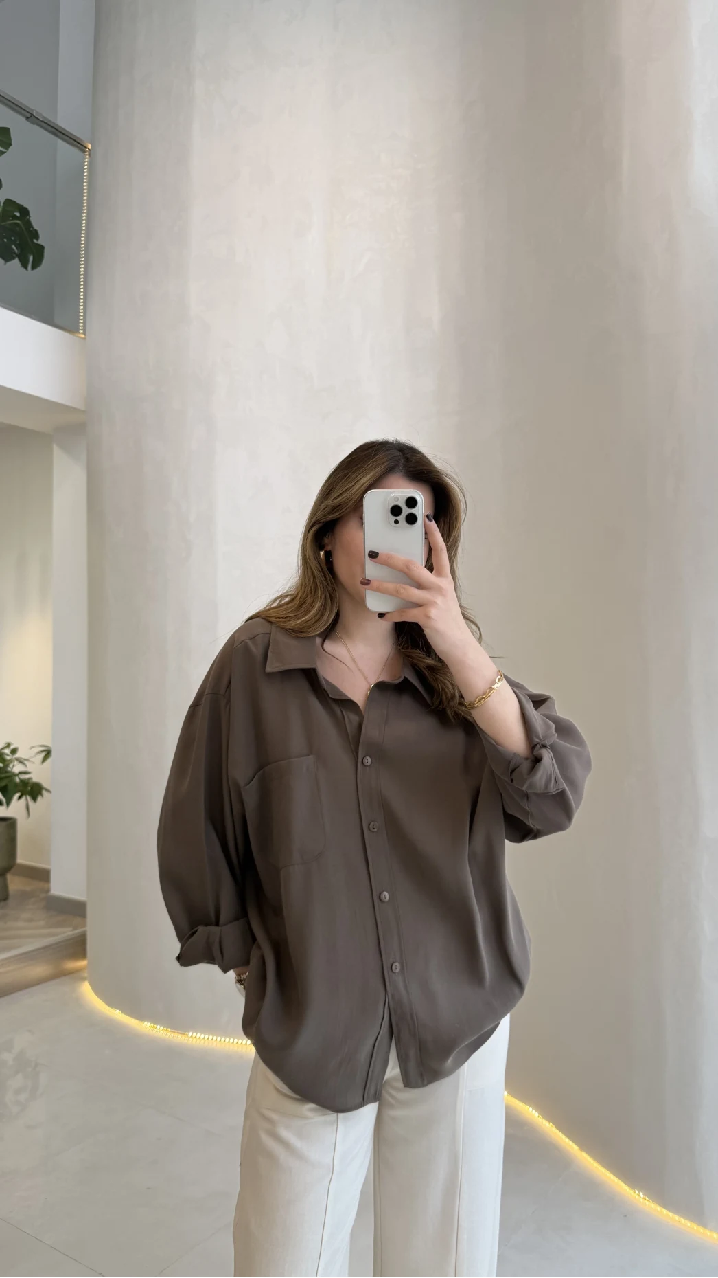 Düşük Omuzlu Modal Gömlek - Koyu Haki - Kod:5050