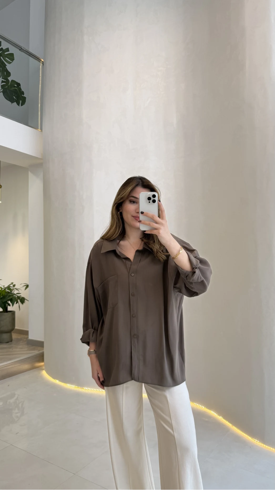 Düşük Omuzlu Modal Gömlek - Koyu Haki - Kod:5050