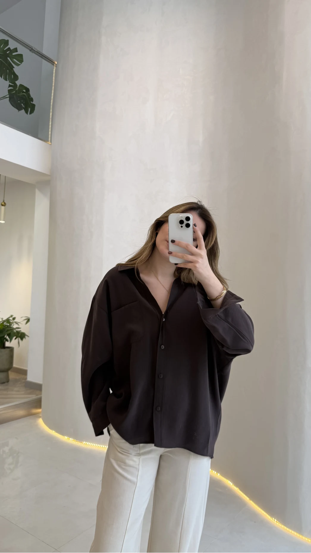 Düşük Omuzlu Modal Gömlek - Kahverengi - Kod:5050