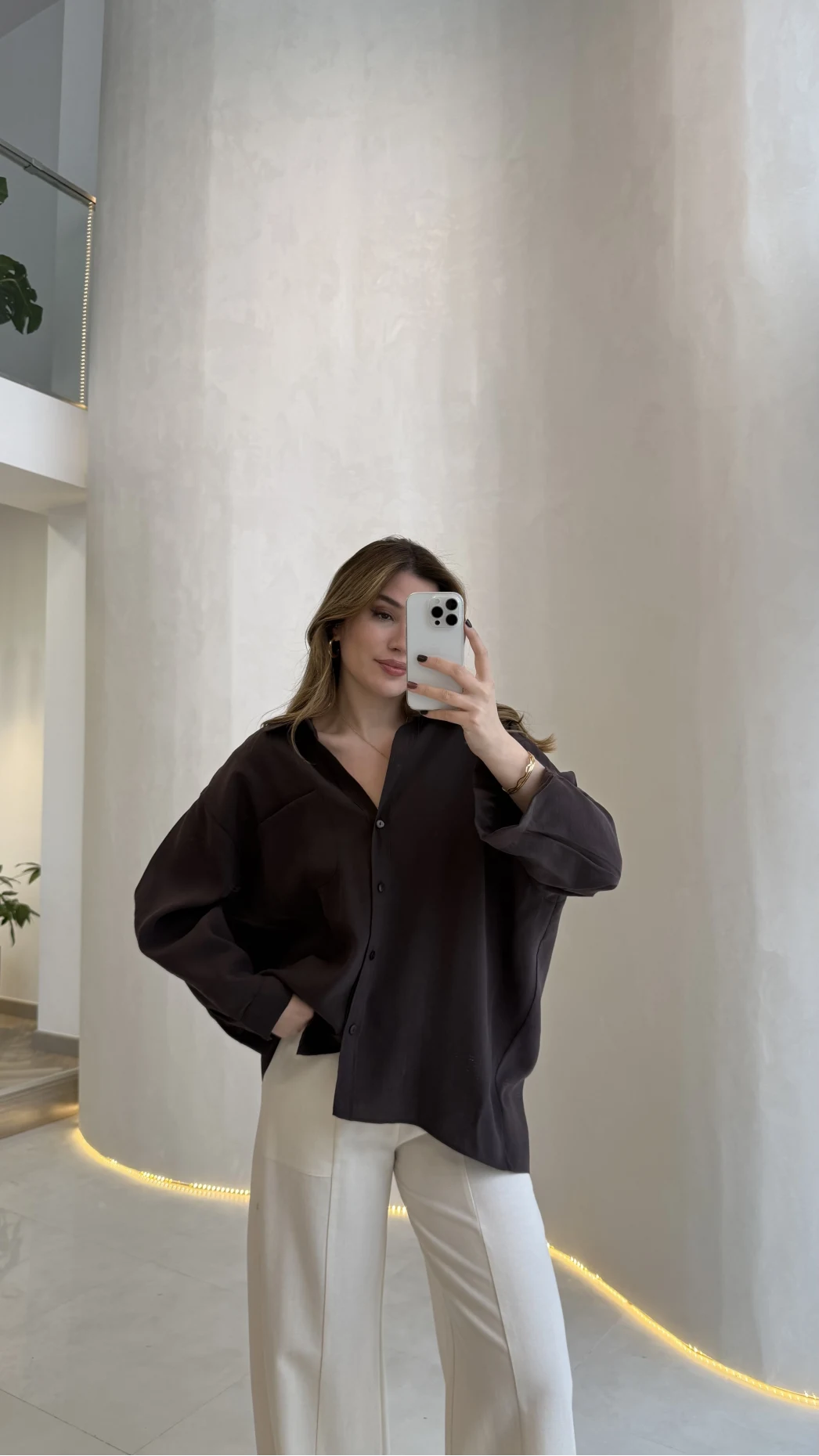 Düşük Omuzlu Modal Gömlek - Kahverengi - Kod:5050