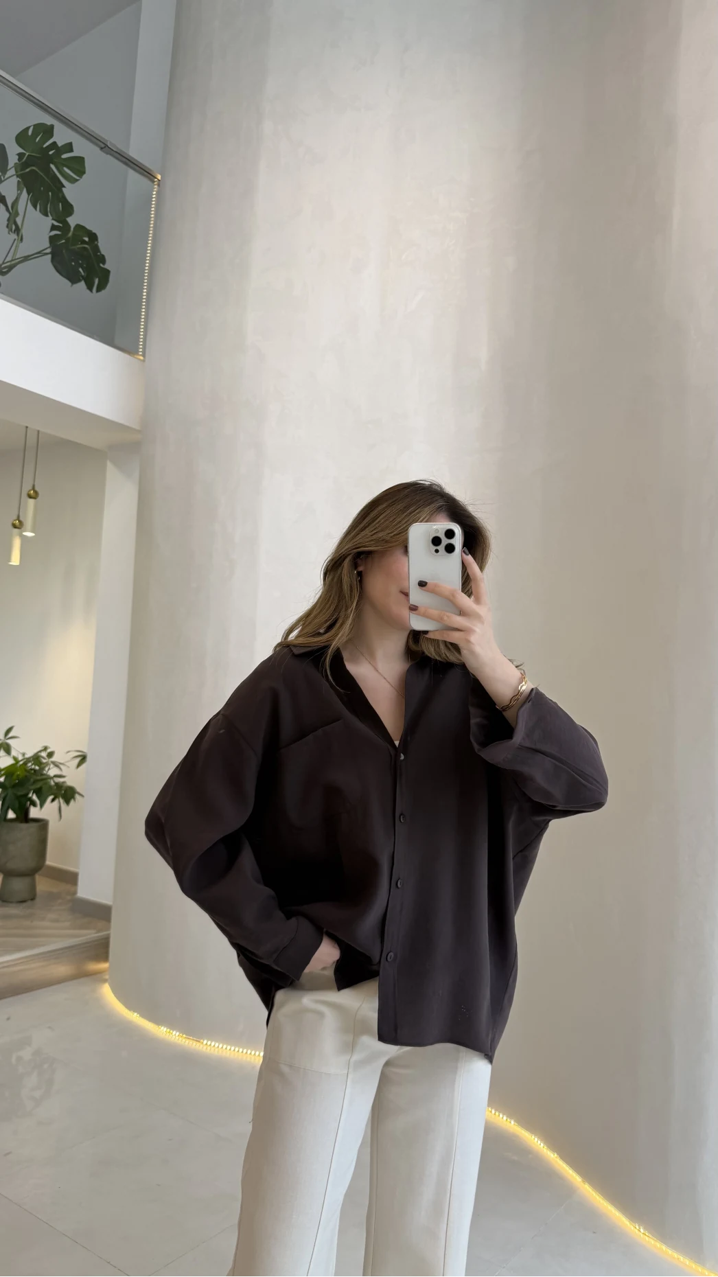 Düşük Omuzlu Modal Gömlek - Kahverengi - Kod:5050