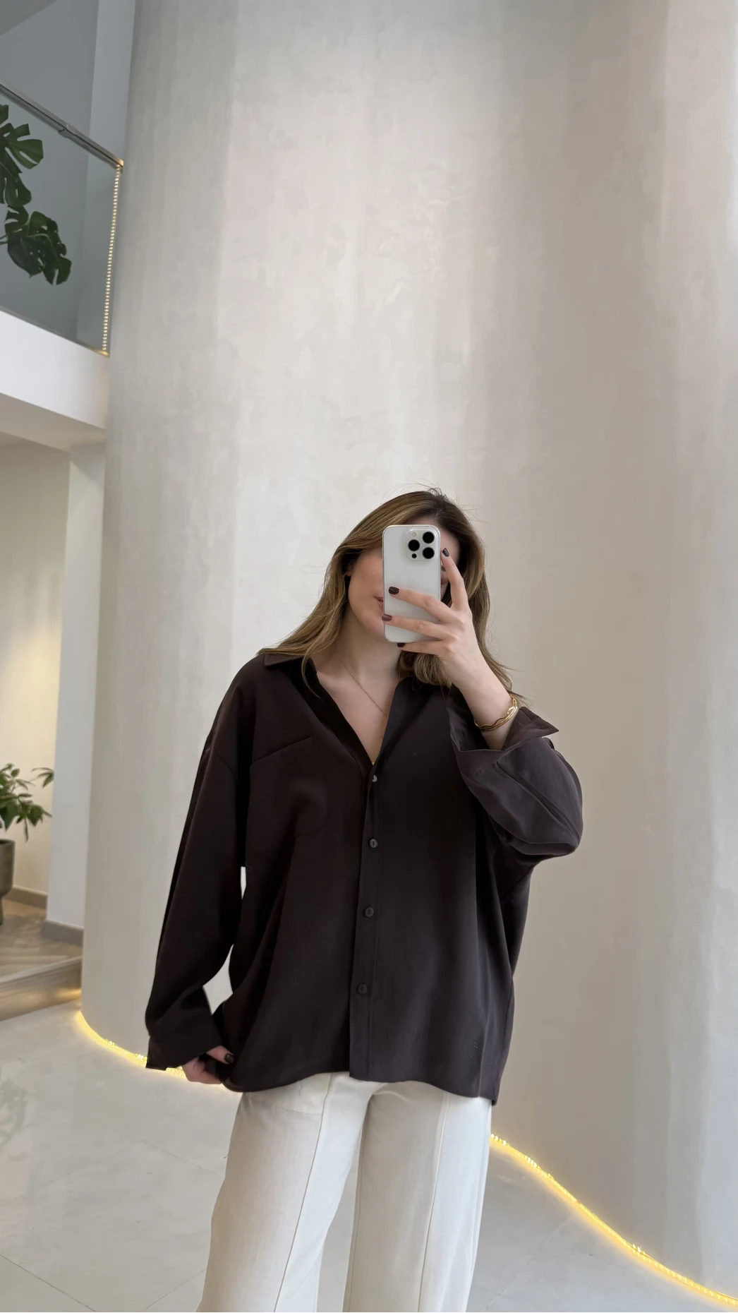 Düşük Omuzlu Modal Gömlek - Kahverengi - Kod:5050