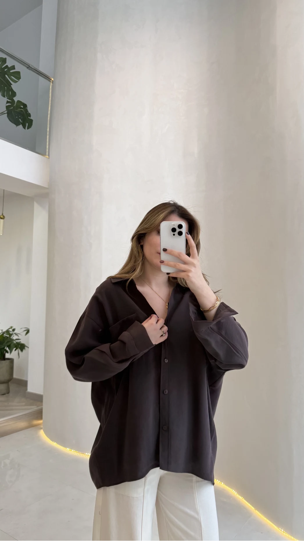 Düşük Omuzlu Modal Gömlek - Kahverengi - Kod:5050