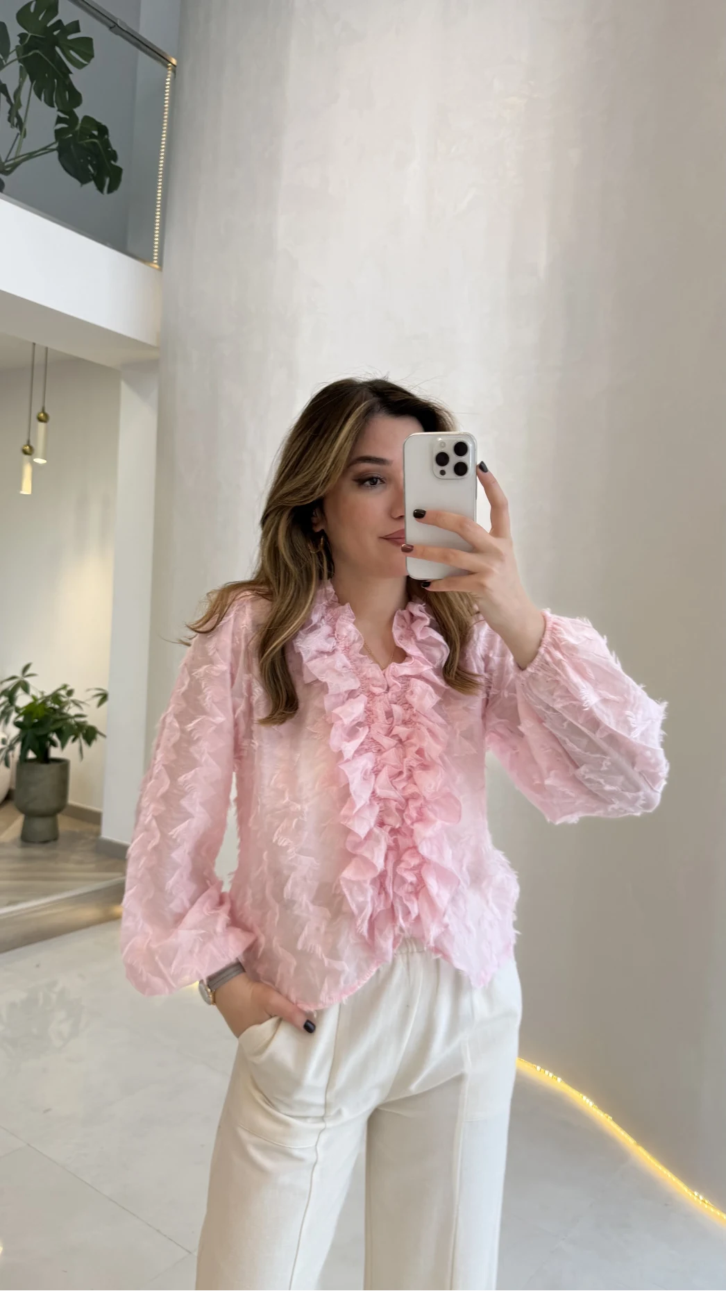 Alina Fırfırlı Püskül Bluz - Pembe - Kod: 1076