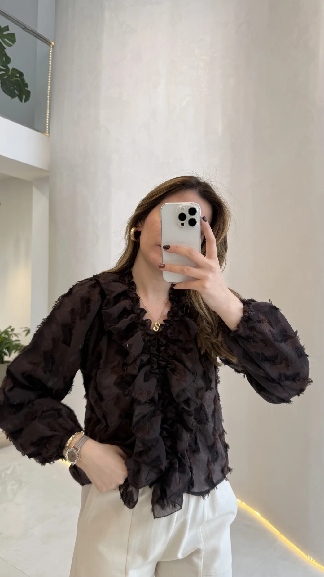 Alina Fırfırlı Püskül Bluz - Acı Kahve - Kod: 1076