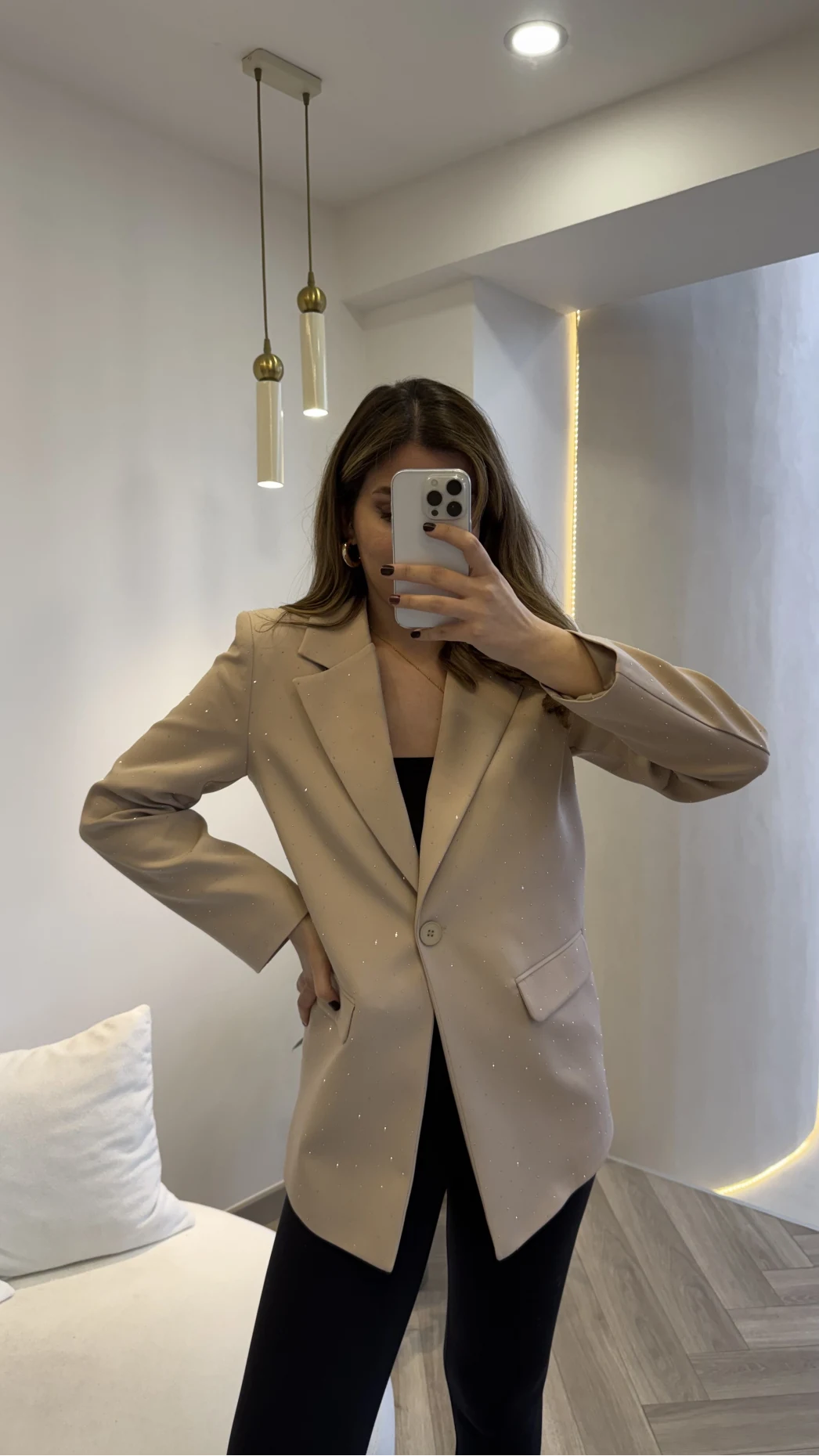 Taşlı Vatkalı Blazer Ceket - Bej - Kod: 98044