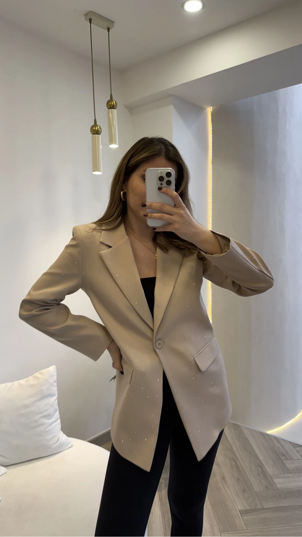 Taşlı Vatkalı Blazer Ceket - Bej - Kod: 98044