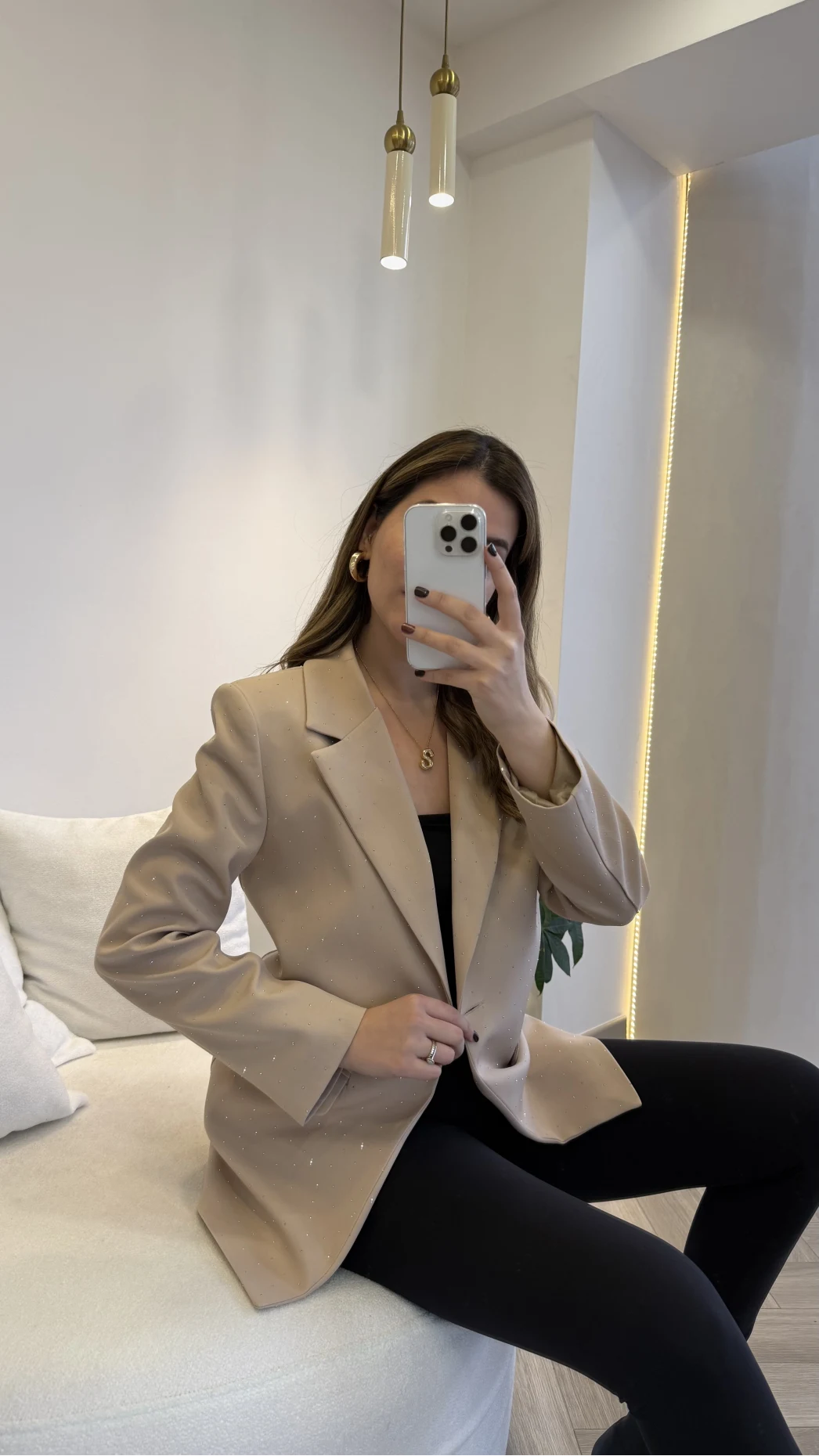 Taşlı Vatkalı Blazer Ceket - Bej - Kod: 98044