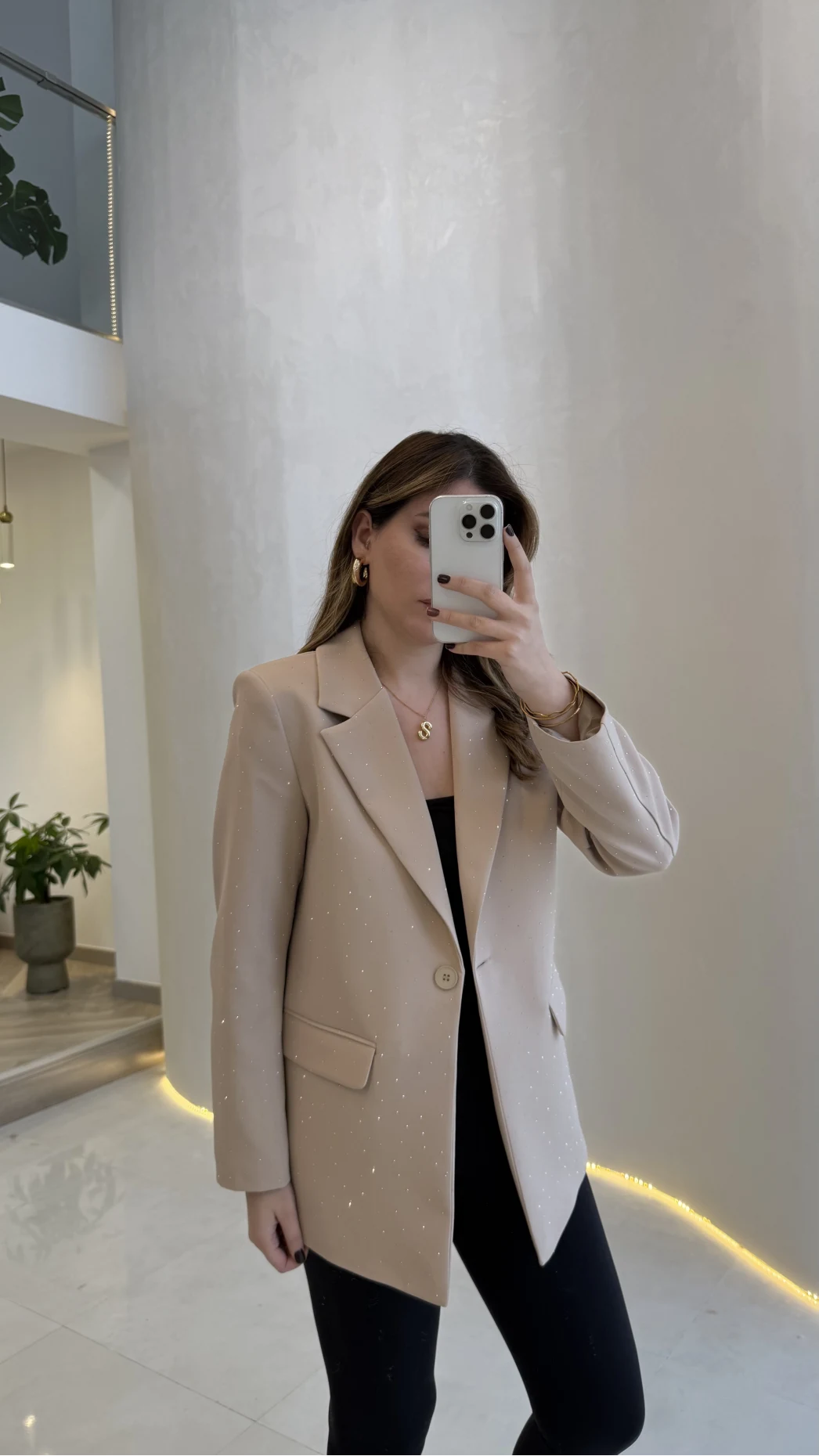 Taşlı Vatkalı Blazer Ceket - Bej - Kod: 98044