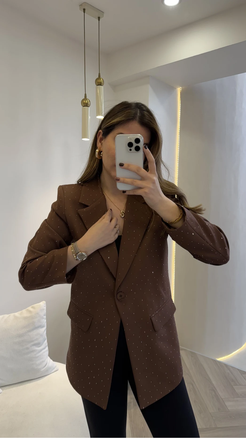 Taşlı Vatkalı Blazer Ceket - Kahverengi - Kod: 98044