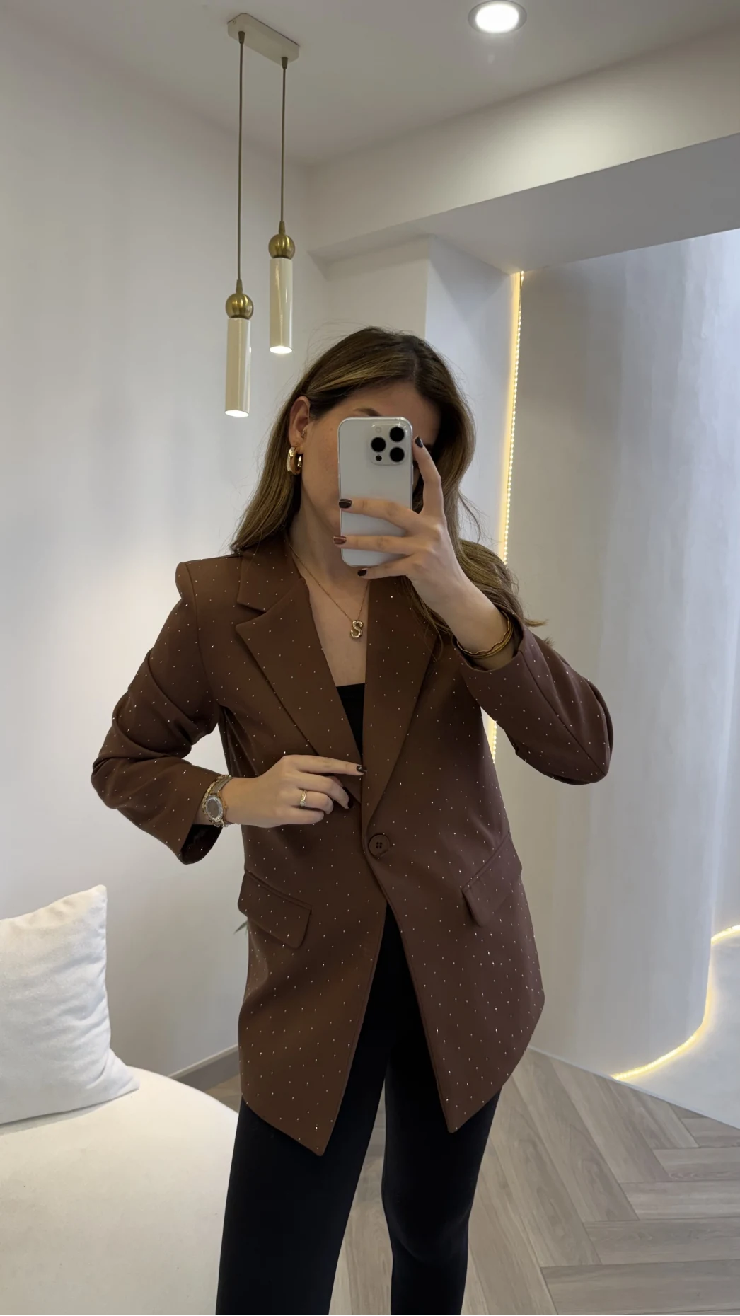 Taşlı Vatkalı Blazer Ceket - Kahverengi - Kod: 98044