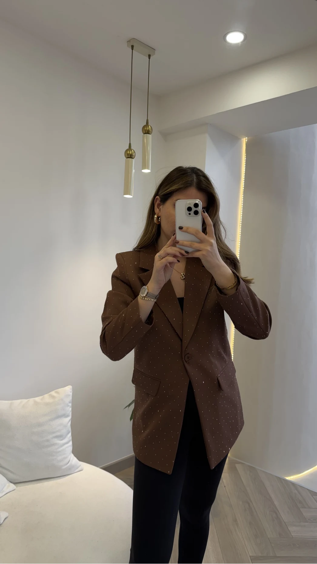 Taşlı Vatkalı Blazer Ceket - Kahverengi - Kod: 98044