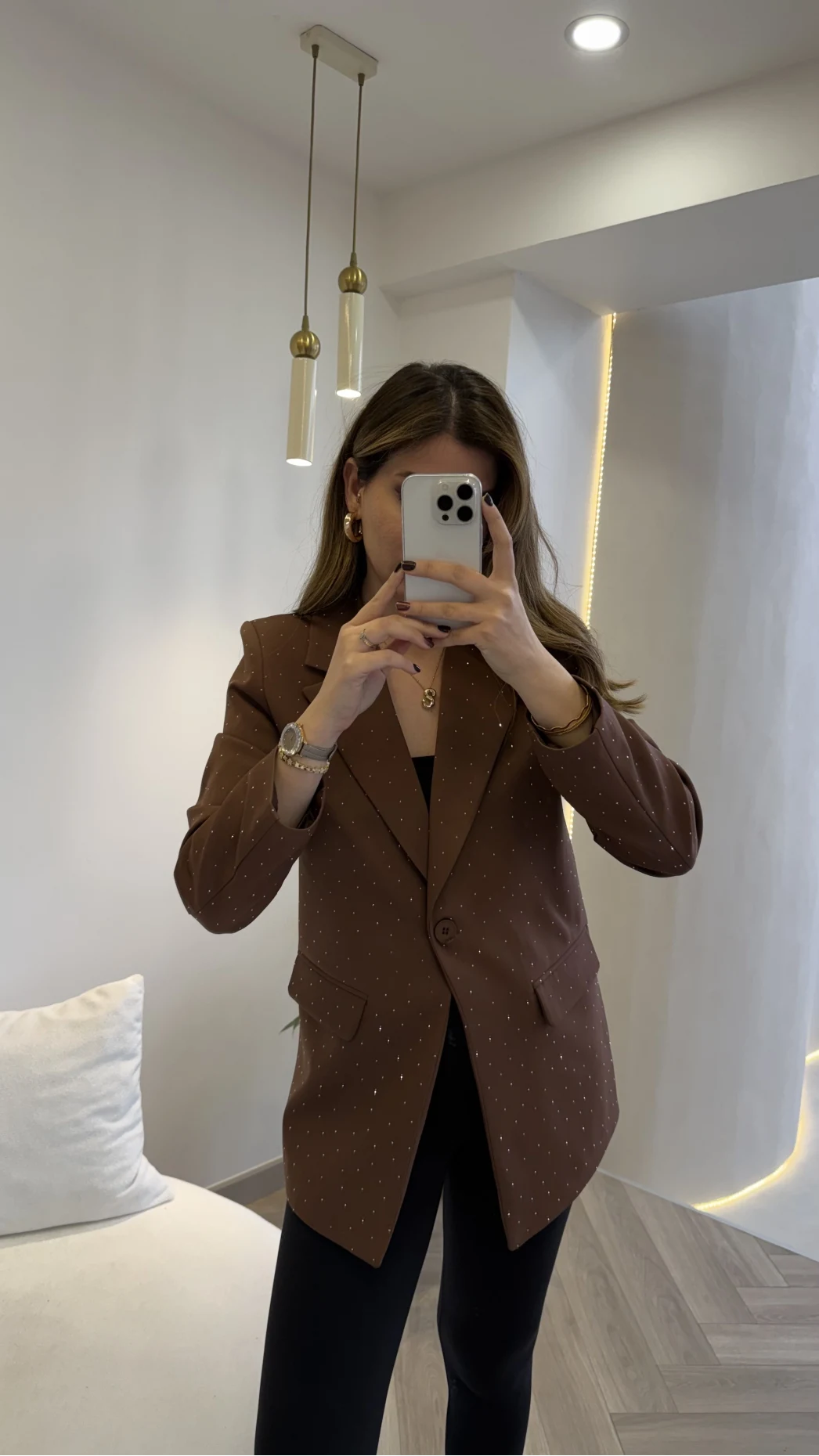 Taşlı Vatkalı Blazer Ceket - Kahverengi - Kod: 98044