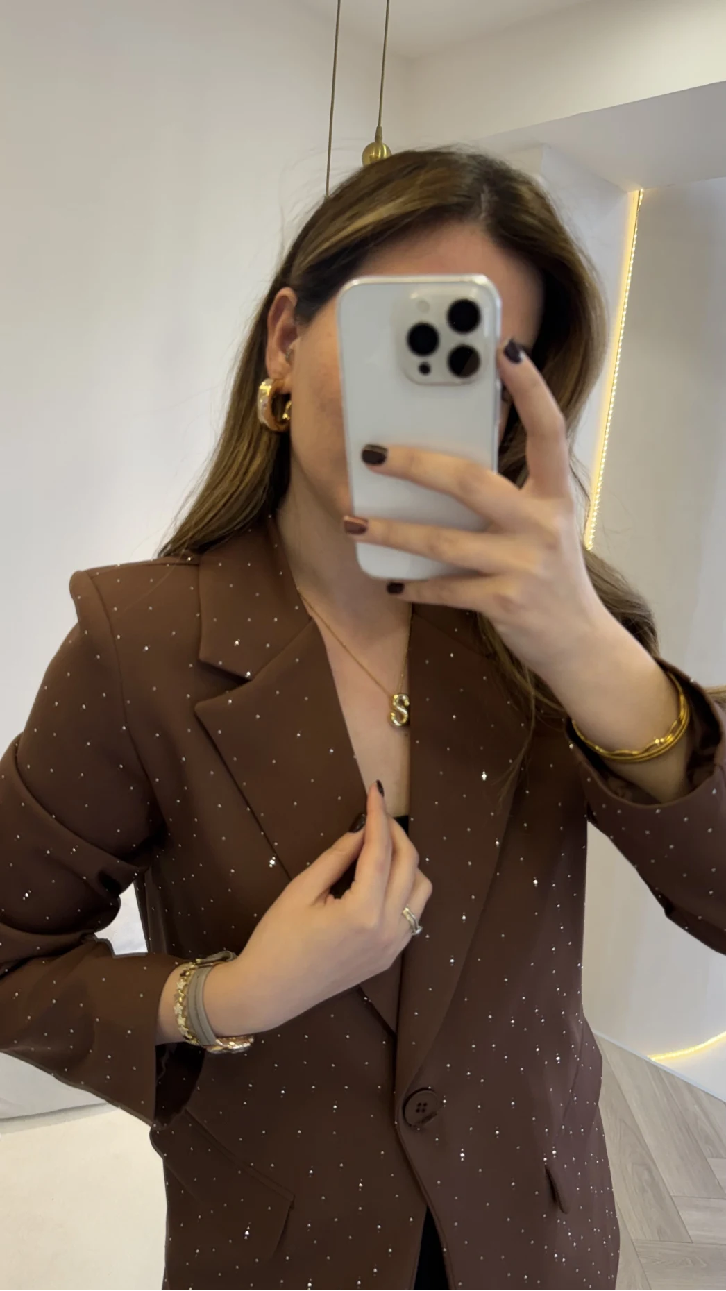 Taşlı Vatkalı Blazer Ceket - Kahverengi - Kod: 98044