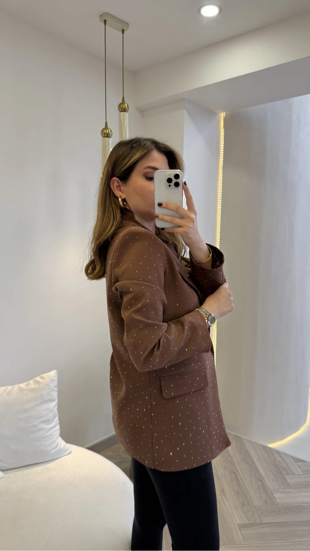 Taşlı Vatkalı Blazer Ceket - Kahverengi - Kod: 98044