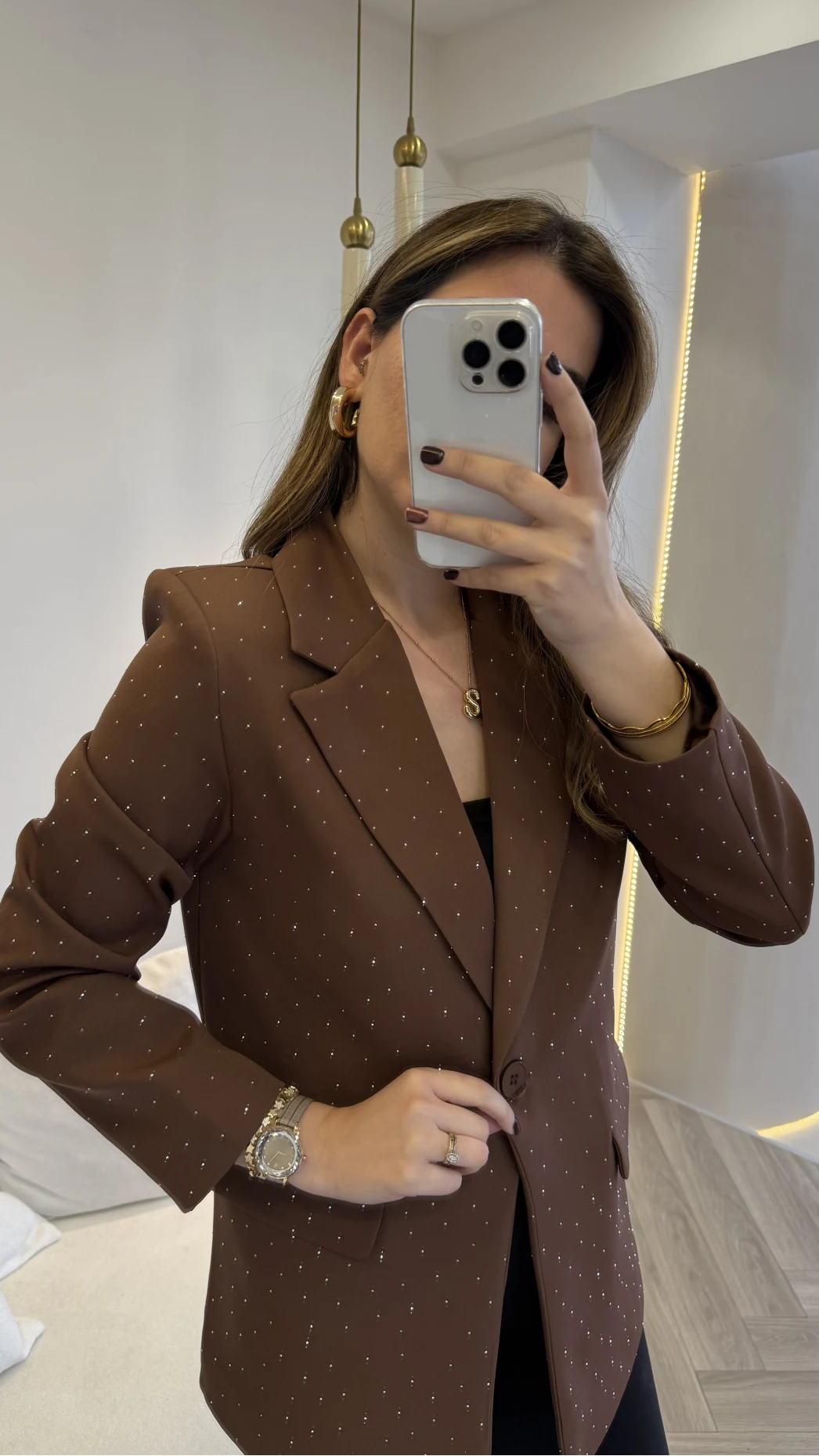 Taşlı Vatkalı Blazer Ceket - Kahverengi - Kod: 98044