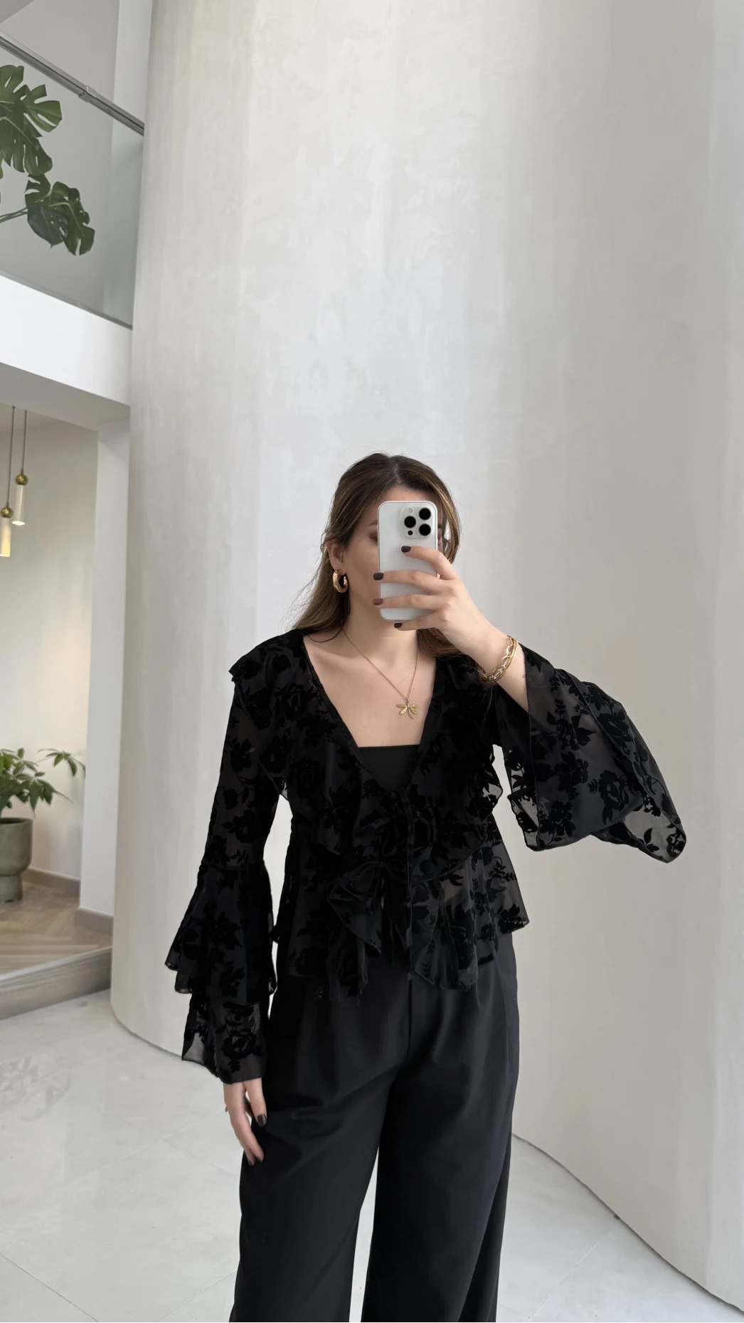 Peaches İçi Askılı Body Dokulu Fırfırlı Bağlamalı Bluz - Siyah - Kod: 0908