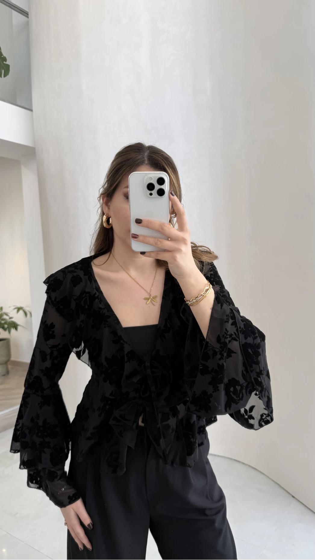 Peaches İçi Askılı Body Dokulu Fırfırlı Bağlamalı Bluz - Siyah - Kod: 0908