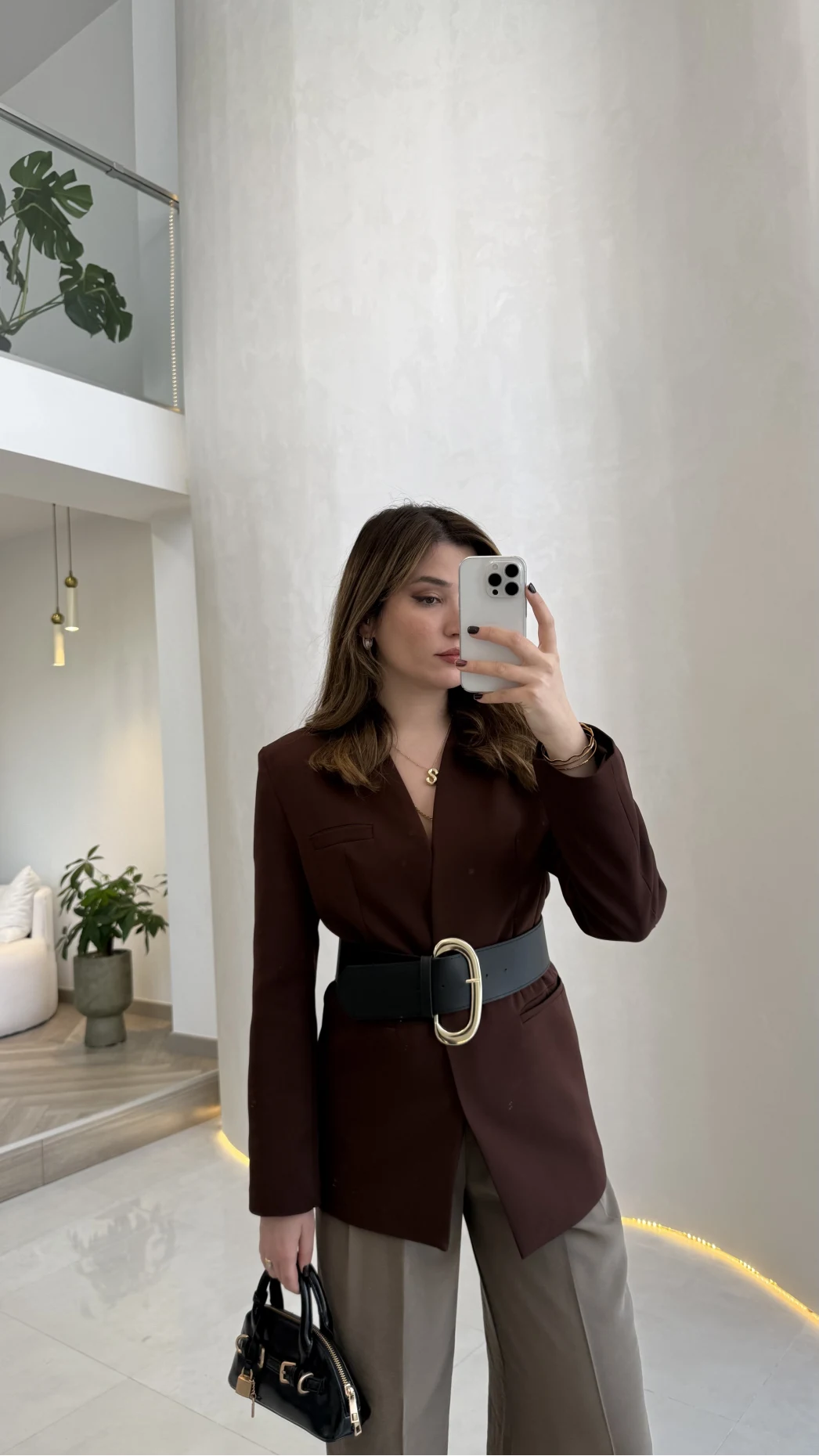 Geniş Kemerli Blazer Ceket - Kahverengi - Kod: 0337