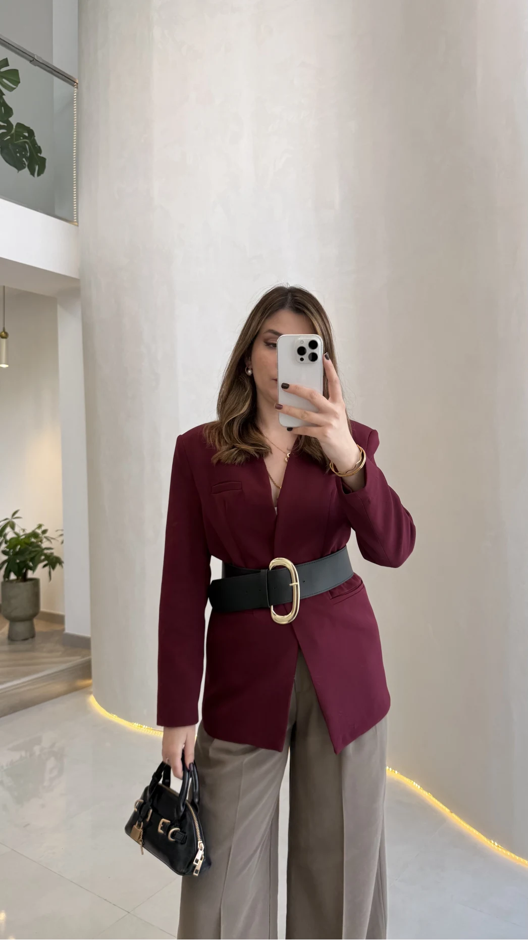 Geniş Kemerli Blazer Ceket - Bordo - Kod: 0337