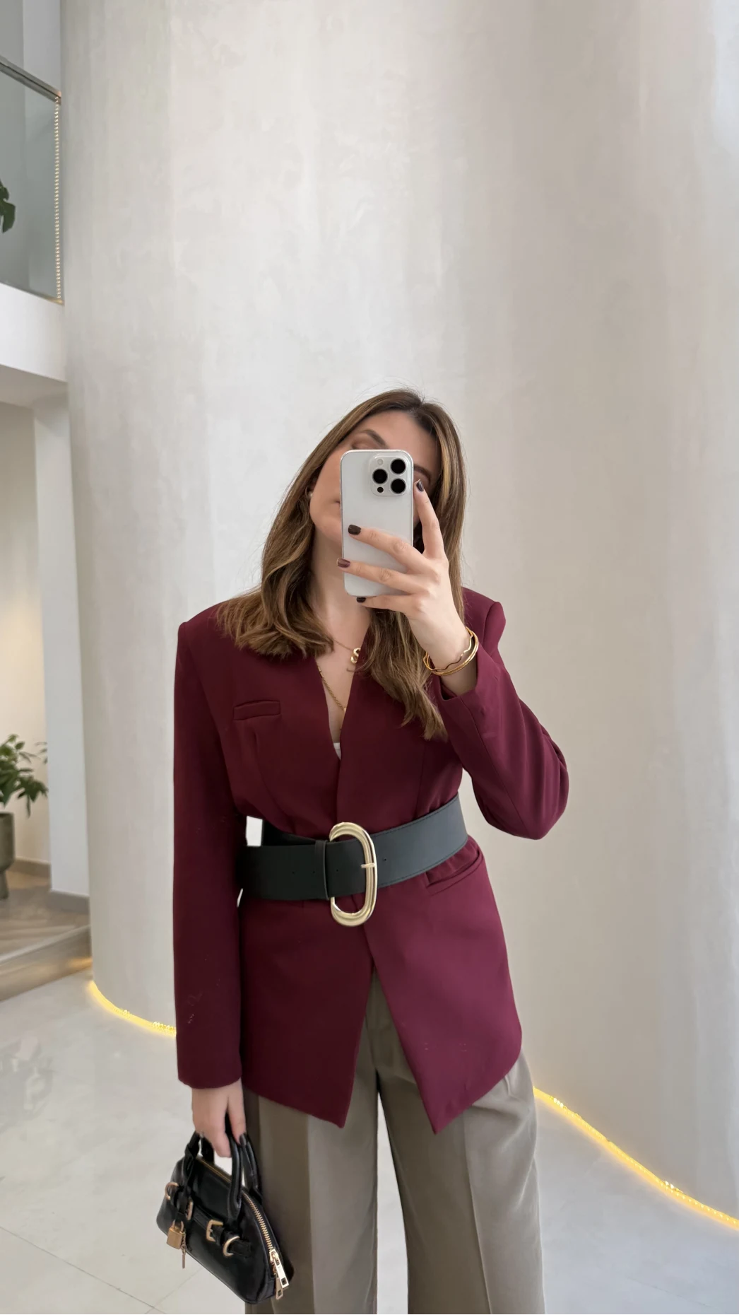 Geniş Kemerli Blazer Ceket - Bordo - Kod: 0337
