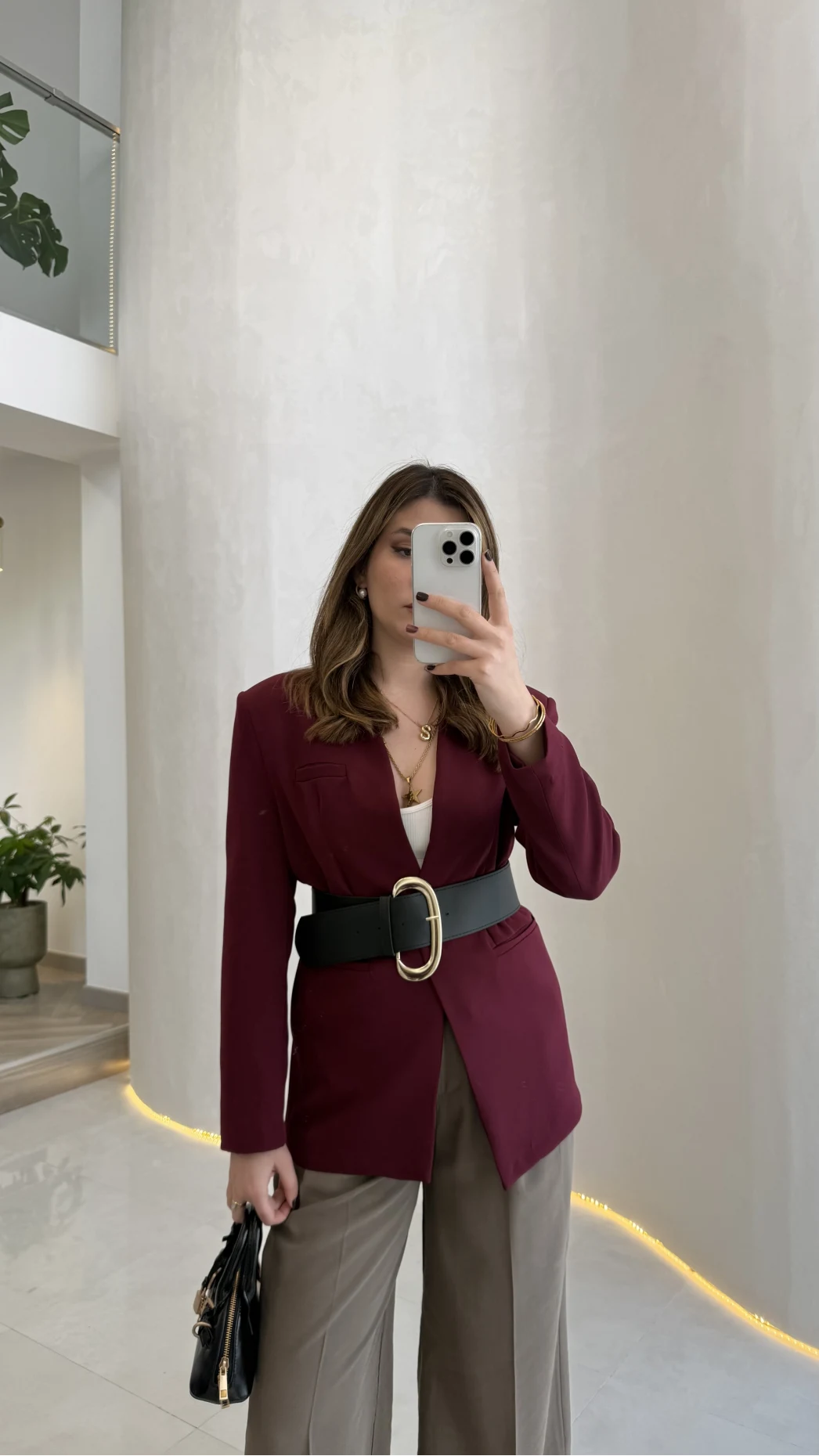 Geniş Kemerli Blazer Ceket - Bordo - Kod: 0337