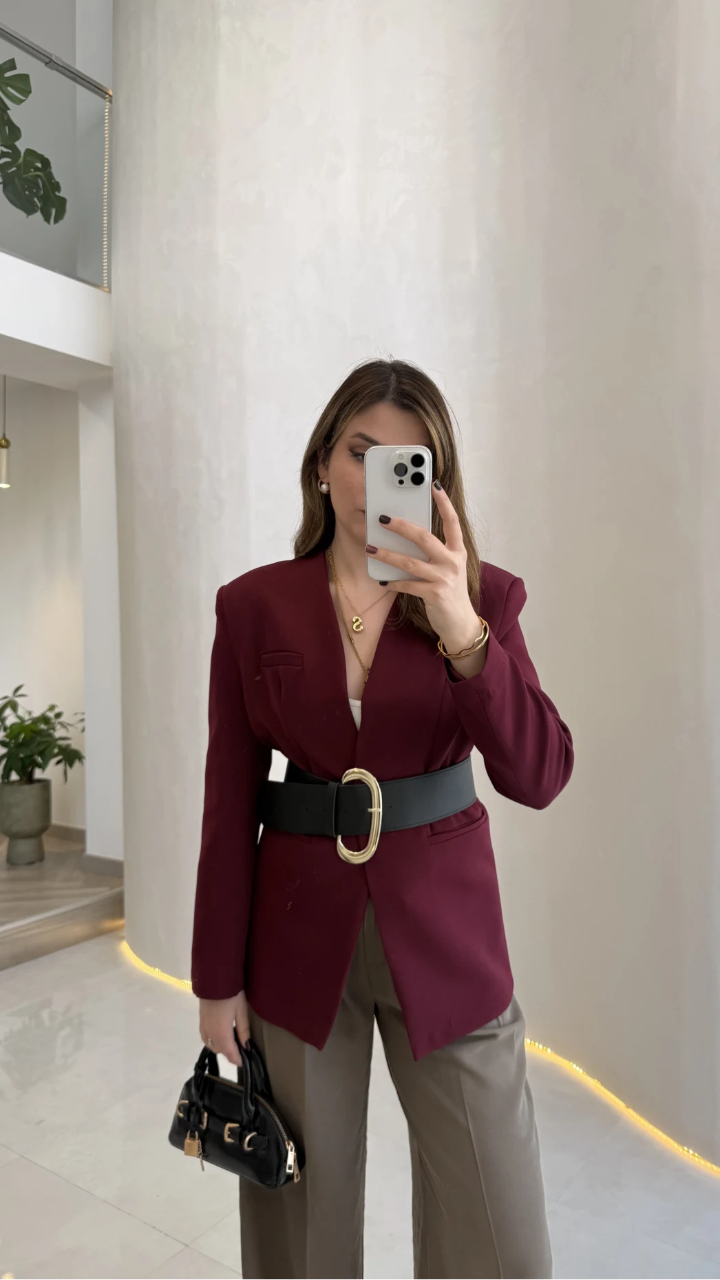 Geniş Kemerli Blazer Ceket - Bordo - Kod: 0337