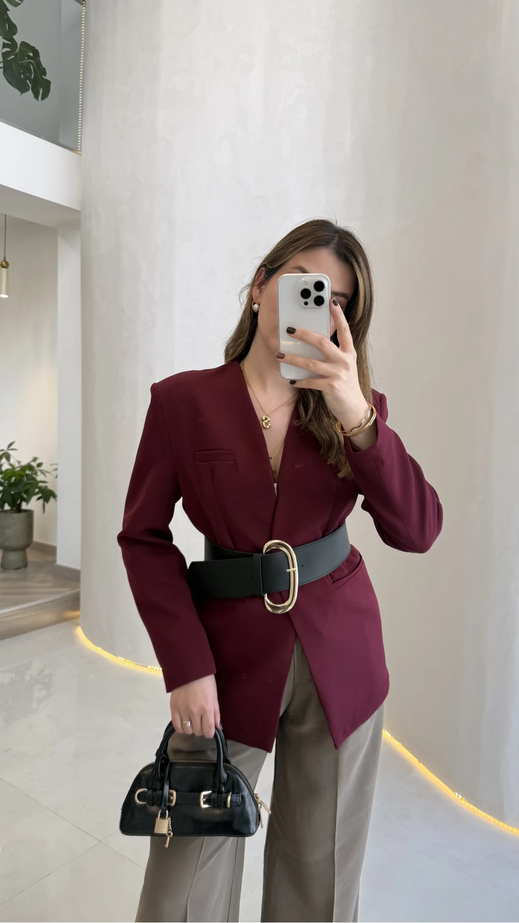 Geniş Kemerli Blazer Ceket - Bordo - Kod: 0337