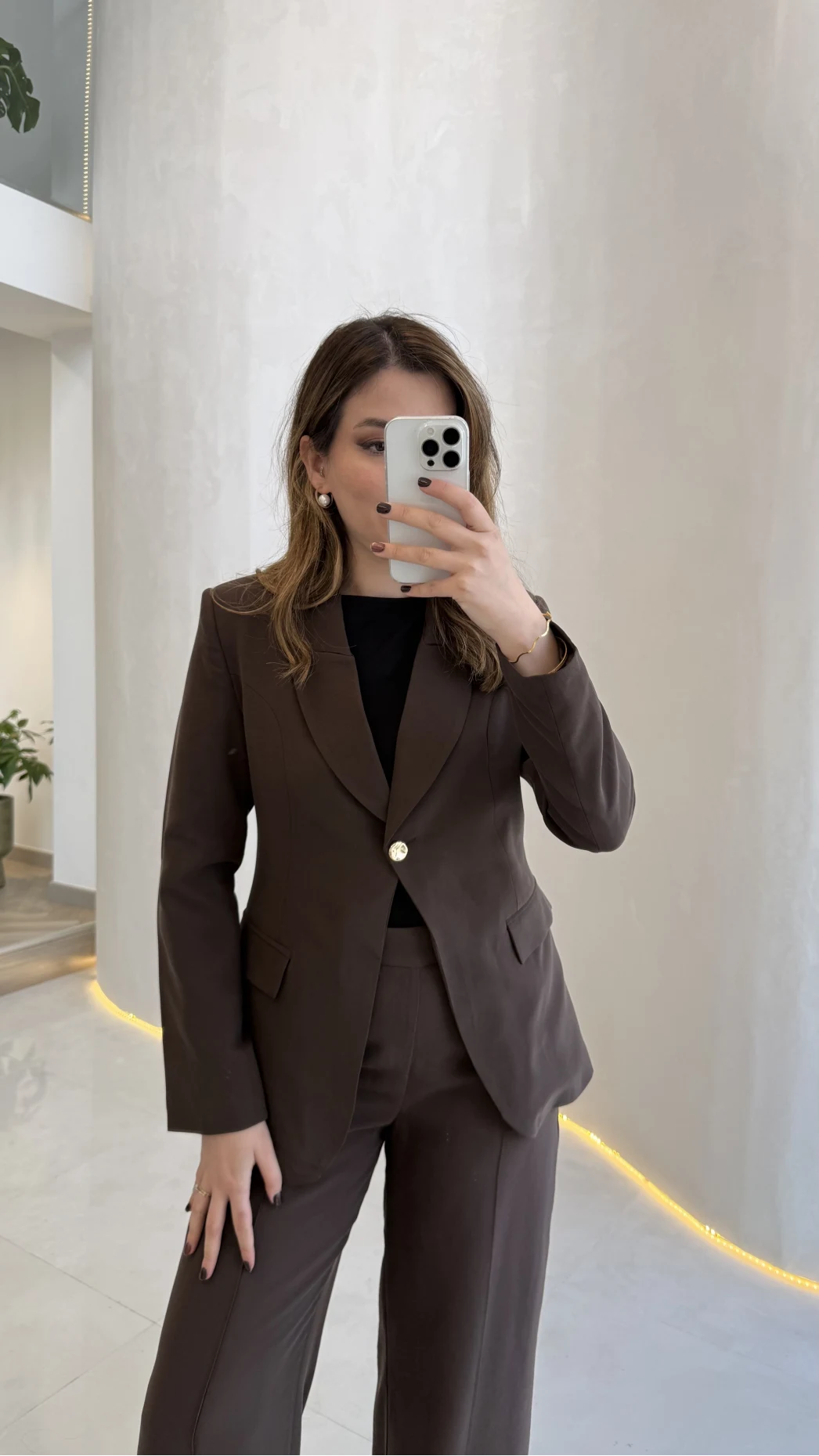 Lissome Gold Düğmeli Vatkalı Ceket-Pantolon Takım - Kahve - Kod: 9031