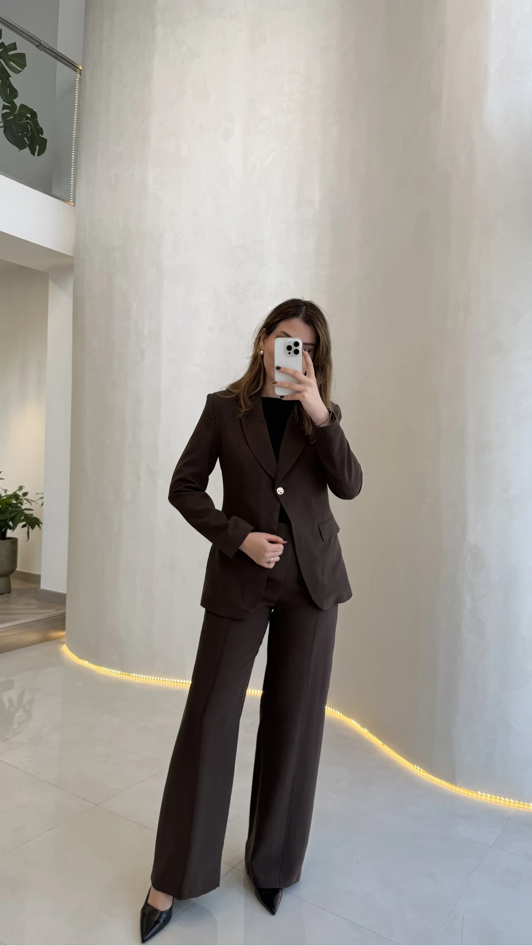 Lissome Gold Düğmeli Vatkalı Ceket-Pantolon Takım - Kahve - Kod: 9031