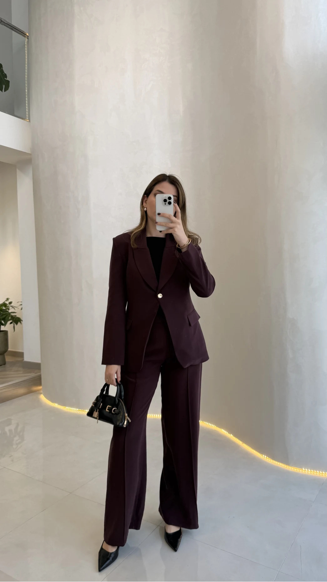 Lissome Gold Düğmeli Vatkalı Ceket-Pantolon Takım - Mürdüm - Kod: 9031