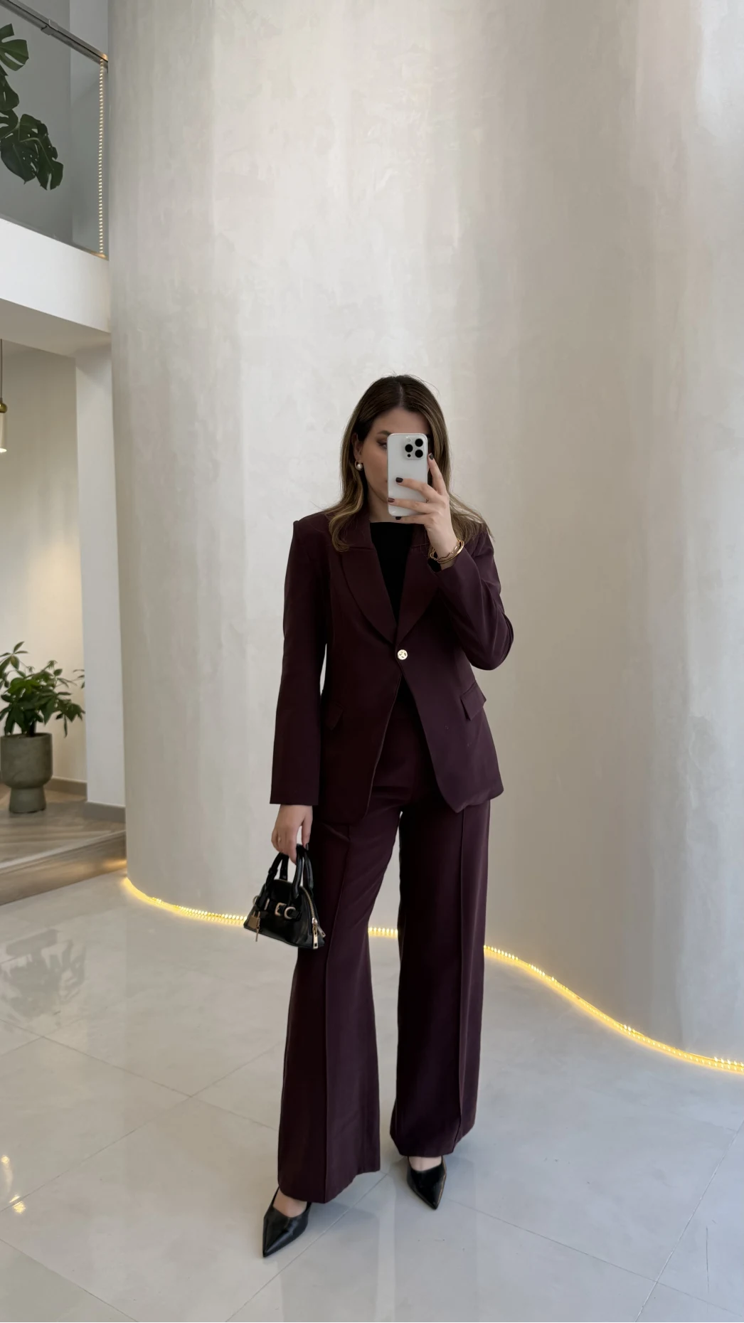 Lissome Gold Düğmeli Vatkalı Ceket-Pantolon Takım - Mürdüm - Kod: 9031