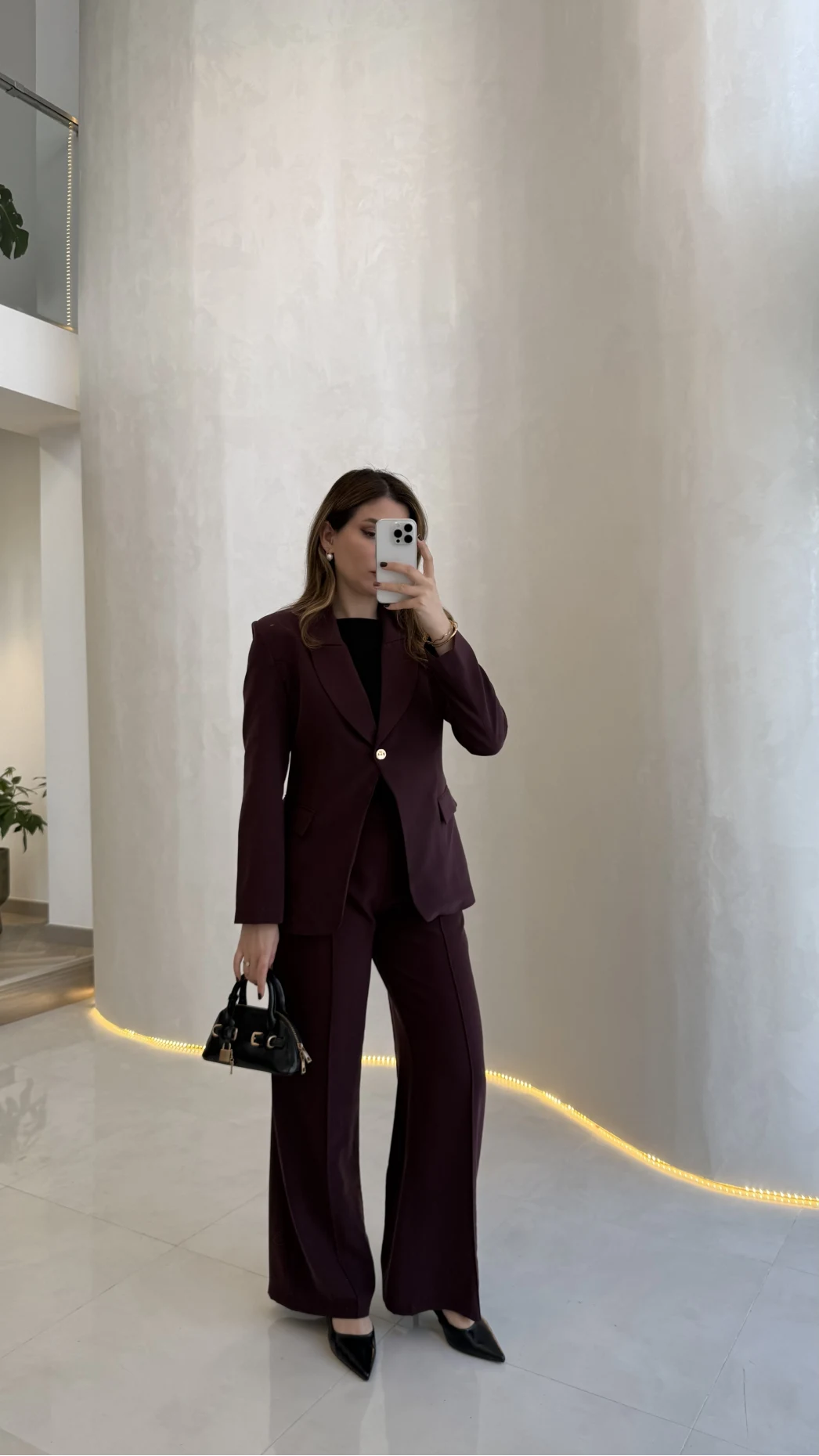 Lissome Gold Düğmeli Vatkalı Ceket-Pantolon Takım - Mürdüm - Kod: 9031