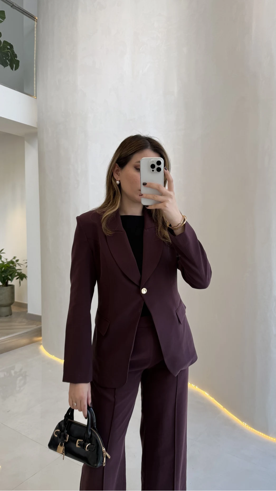 Lissome Gold Düğmeli Vatkalı Ceket-Pantolon Takım - Mürdüm - Kod: 9031