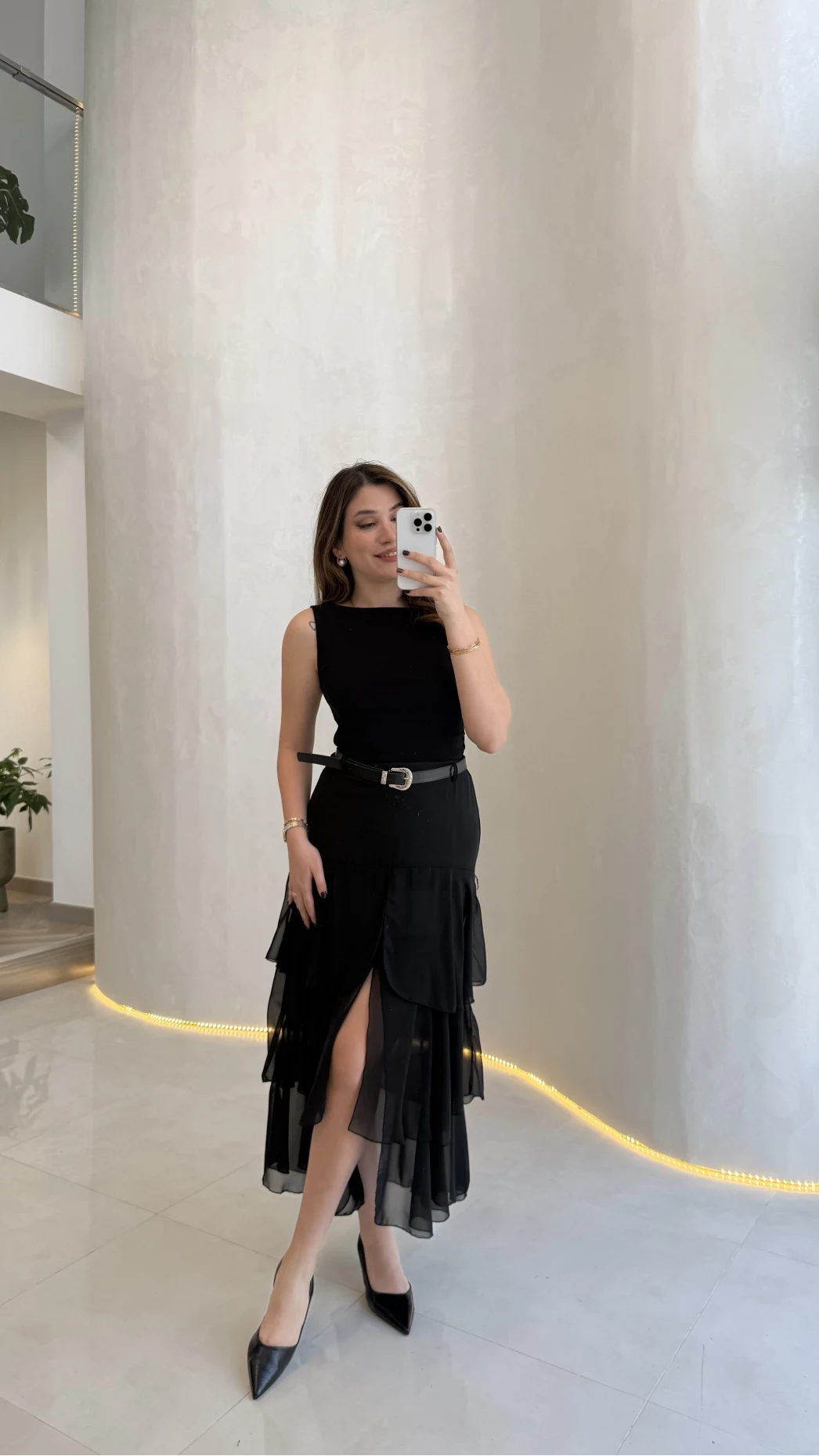 Gossamer Kemerli Yırtmaçlı Şifon Etek - Siyah - Kod: 1557