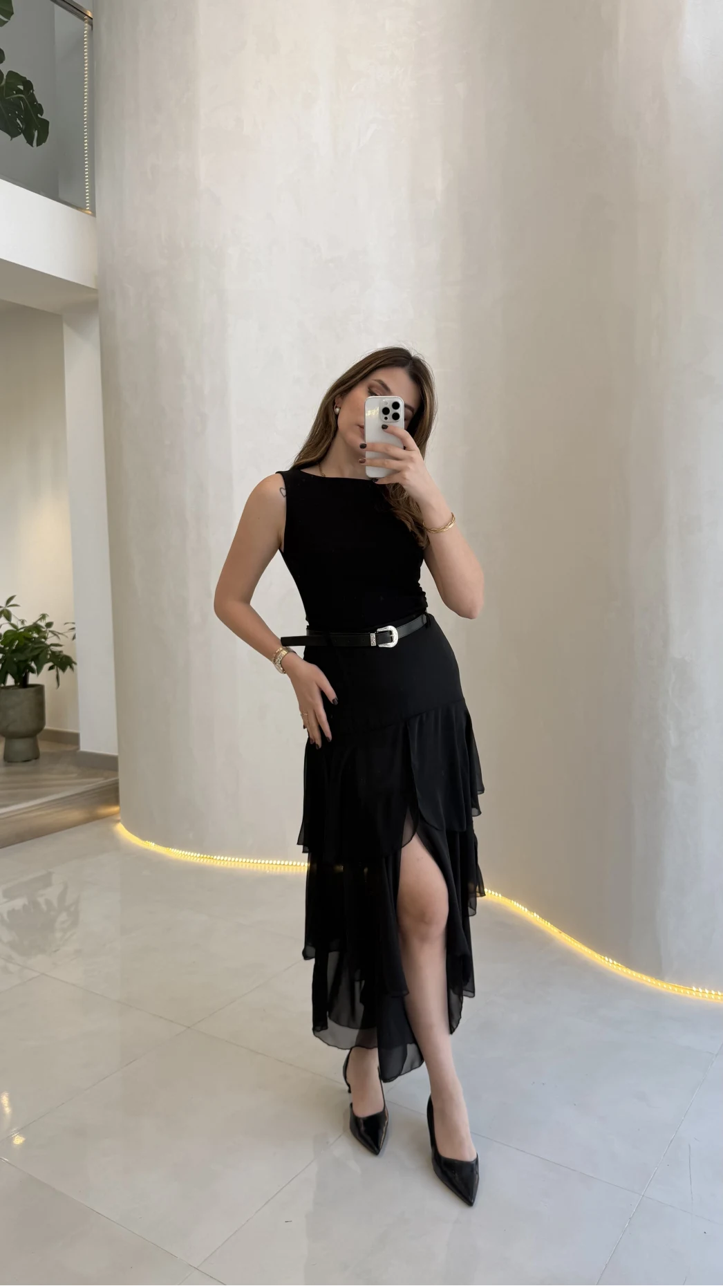 Gossamer Kemerli Yırtmaçlı Şifon Etek - Siyah - Kod: 1557