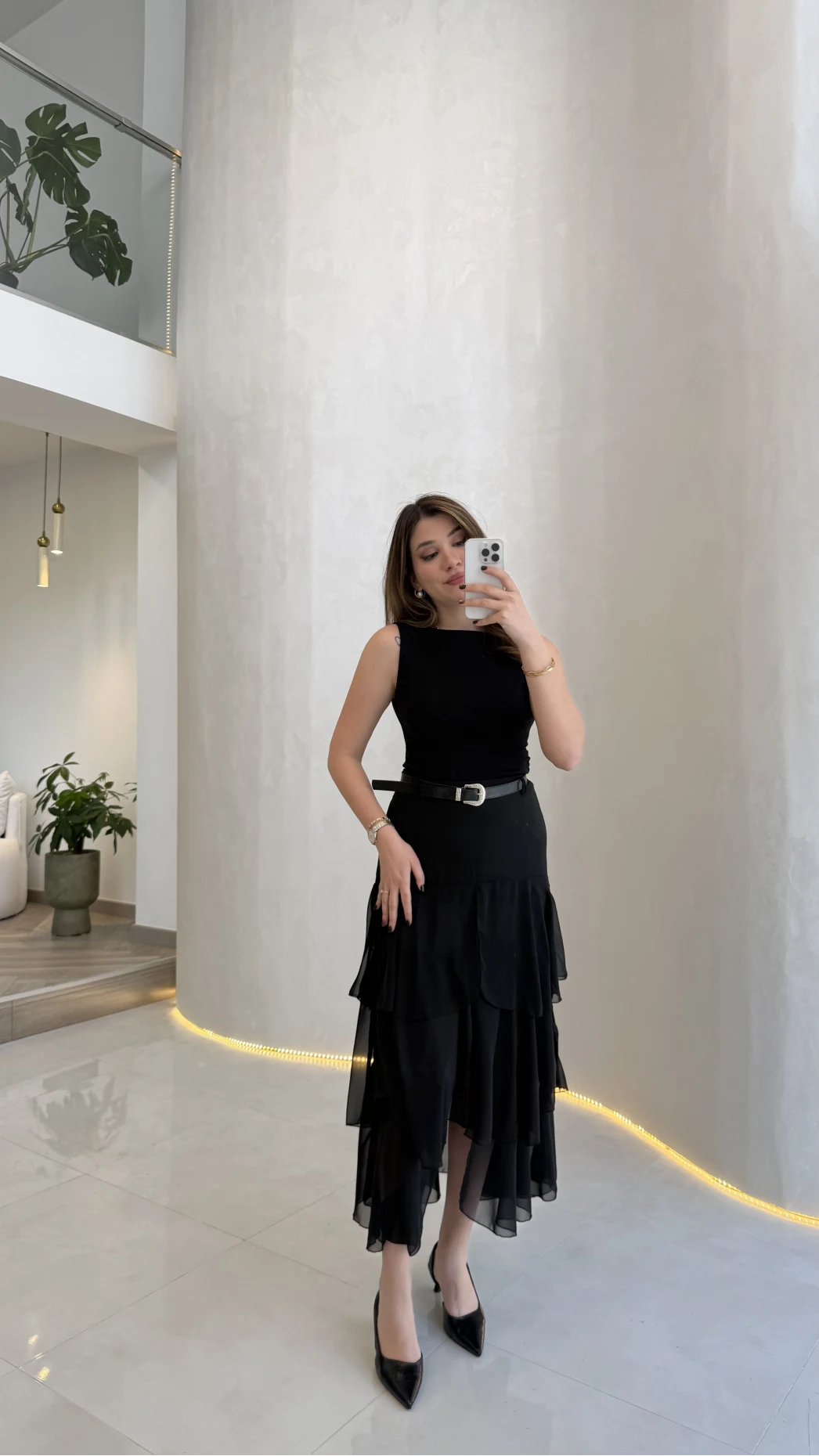 Gossamer Kemerli Yırtmaçlı Şifon Etek - Siyah - Kod: 1557