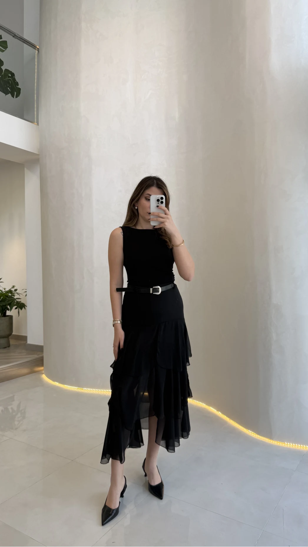 Gossamer Kemerli Yırtmaçlı Şifon Etek - Siyah - Kod: 1557