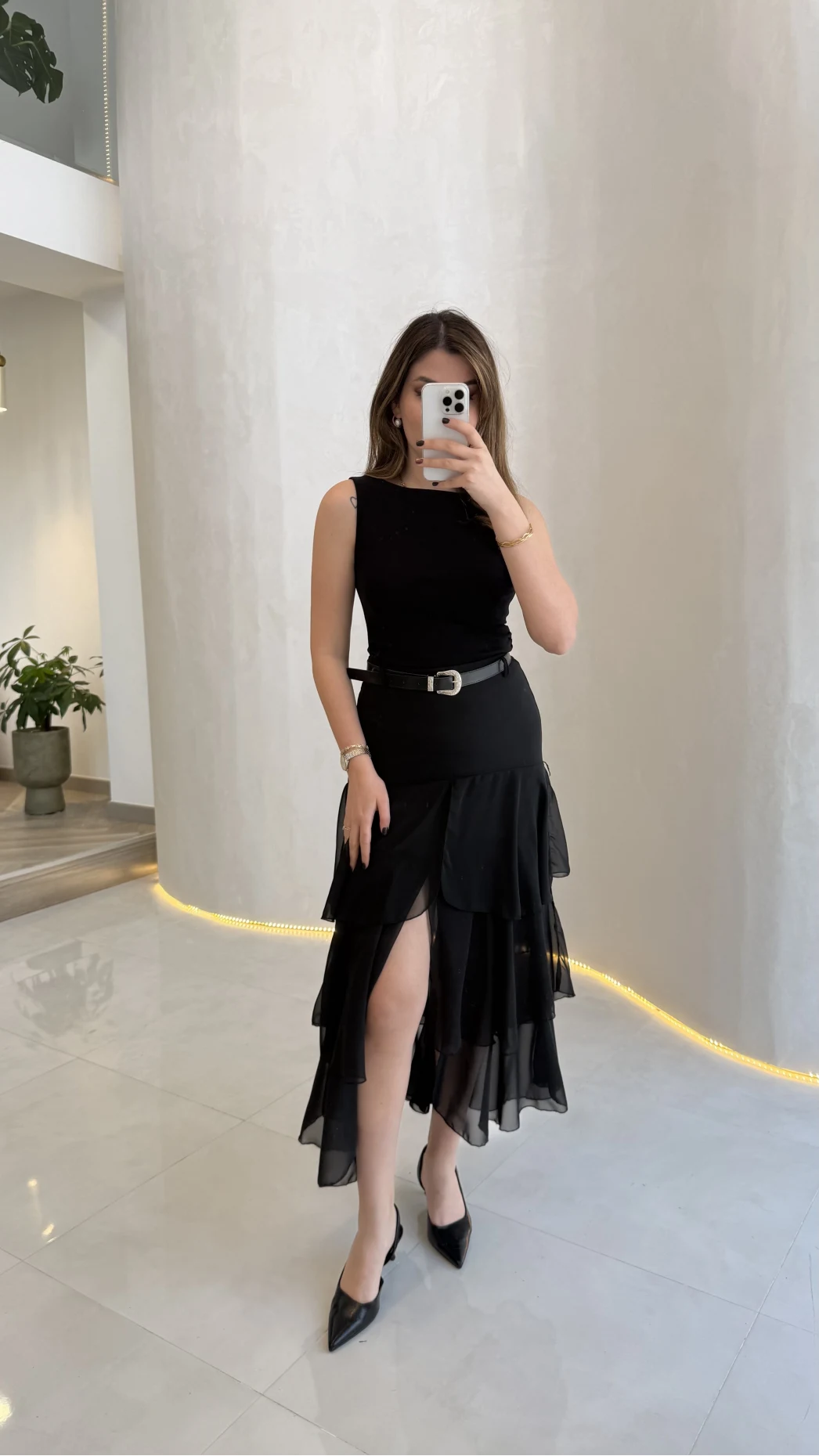 Gossamer Kemerli Yırtmaçlı Şifon Etek - Siyah - Kod: 1557