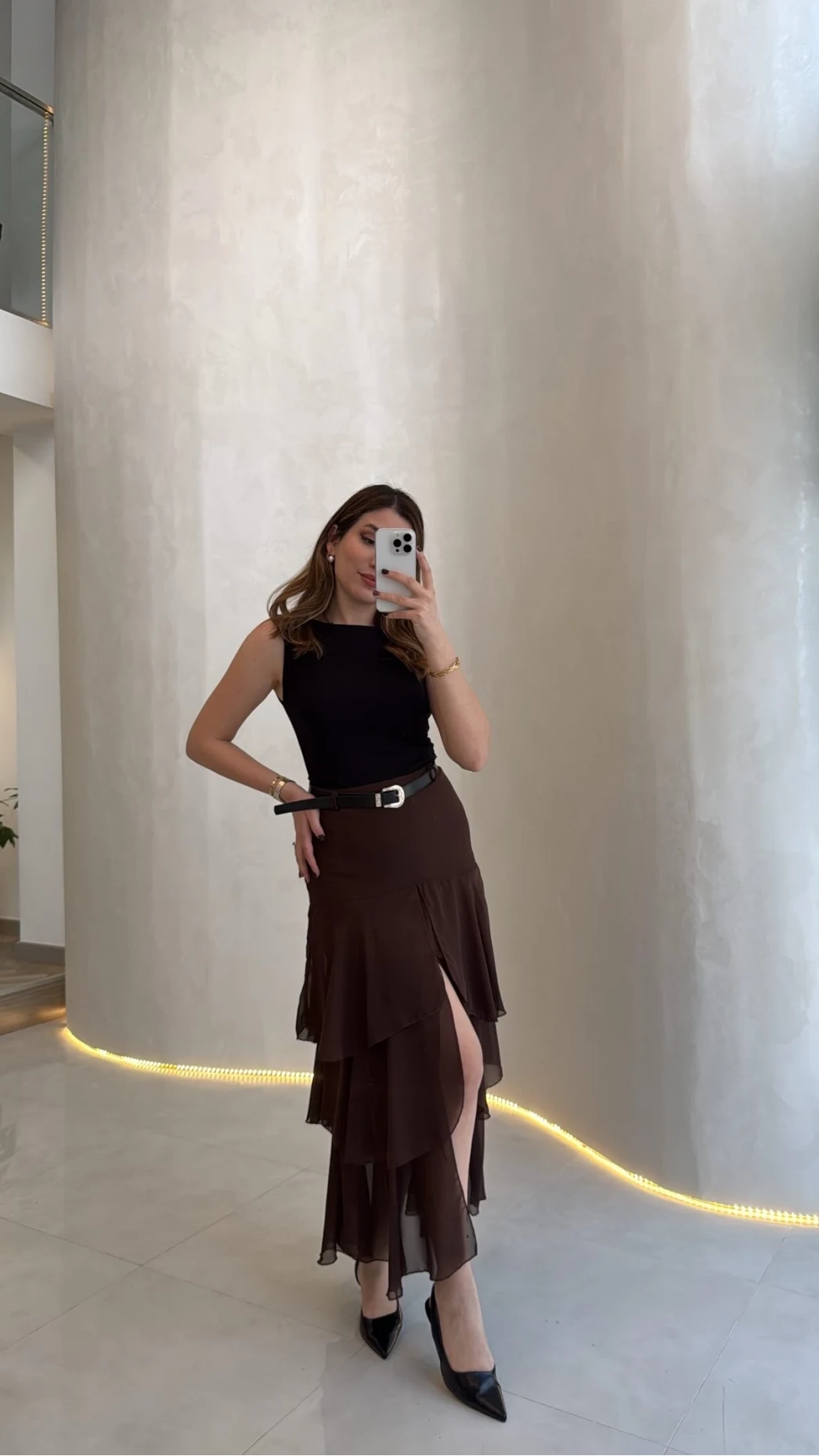 Gossamer Kemerli Yırtmaçlı Şifon Etek - Kahve - Kod: 1557