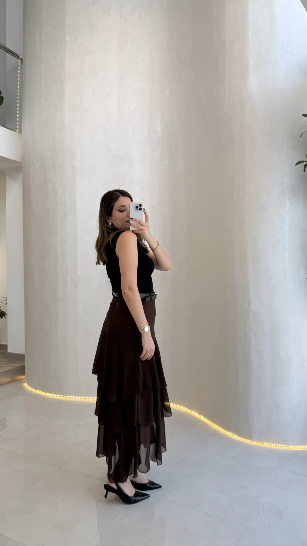 Gossamer Kemerli Yırtmaçlı Şifon Etek - Kahve - Kod: 1557