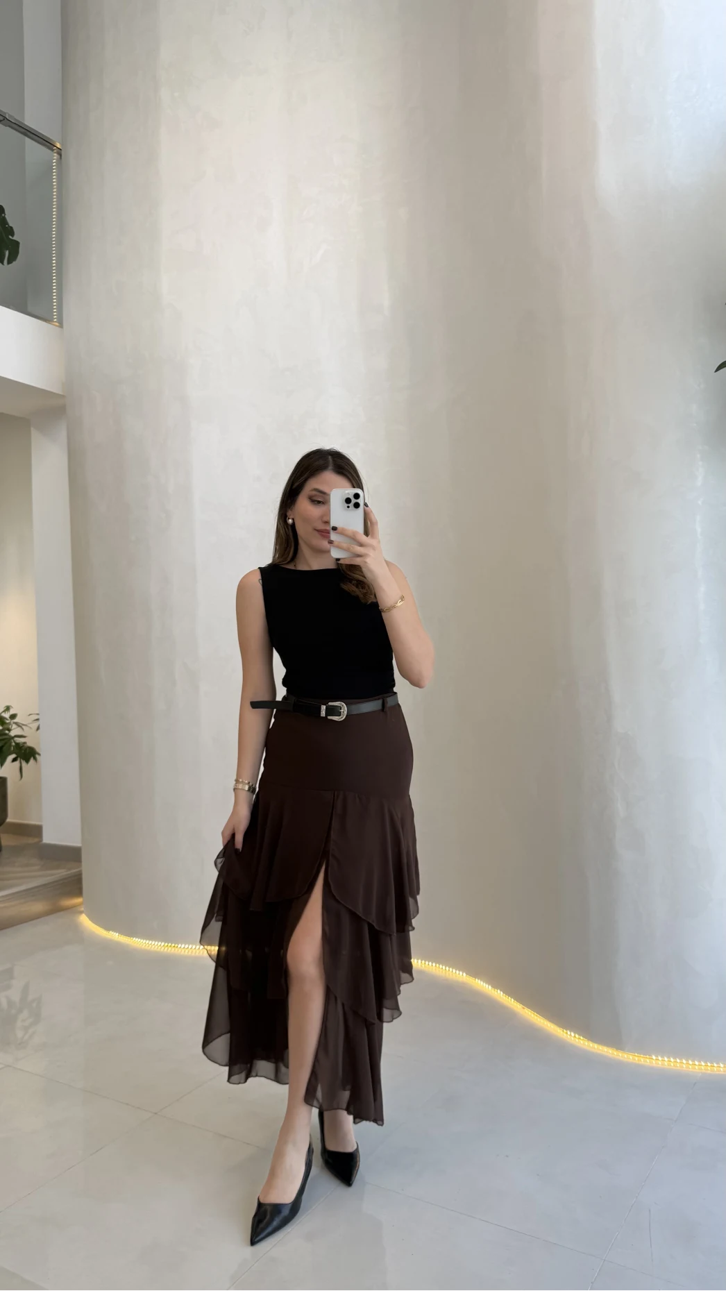 Gossamer Kemerli Yırtmaçlı Şifon Etek - Kahve - Kod: 1557