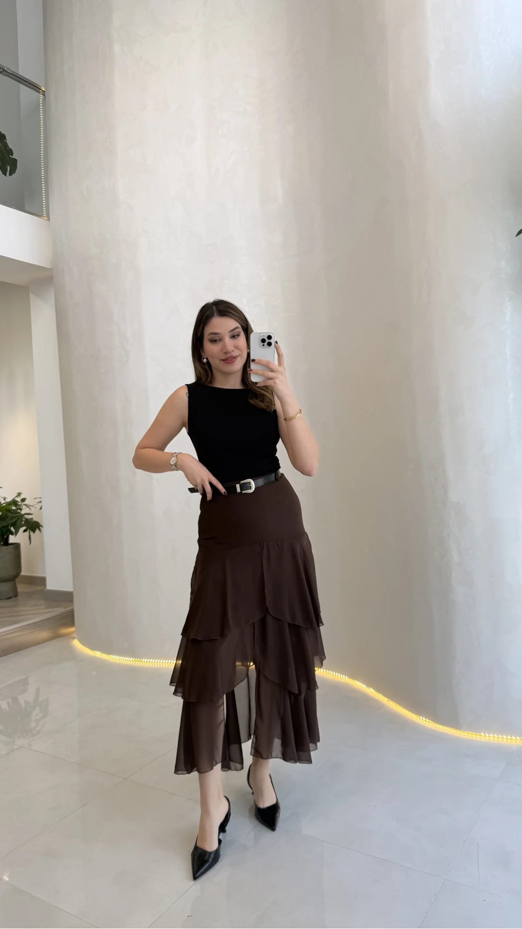 Gossamer Kemerli Yırtmaçlı Şifon Etek - Kahve - Kod: 1557