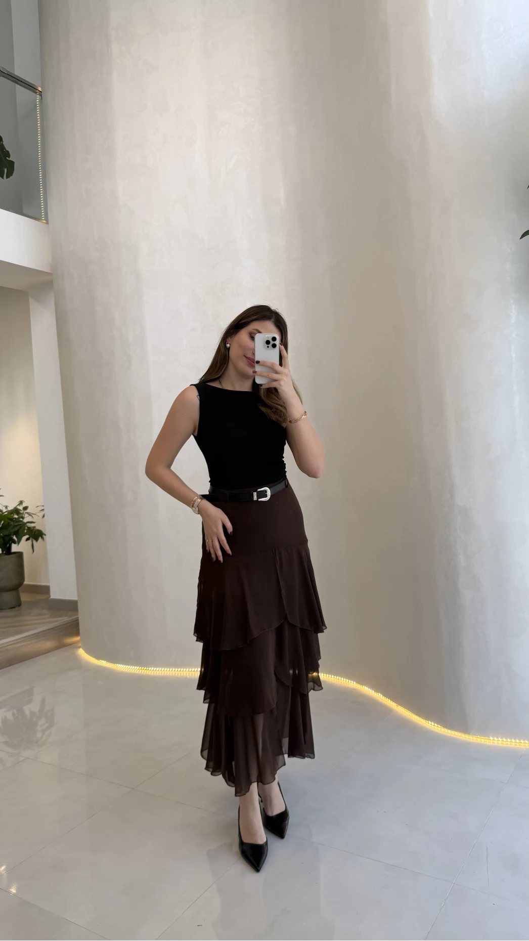 Gossamer Kemerli Yırtmaçlı Şifon Etek - Kahve - Kod: 1557