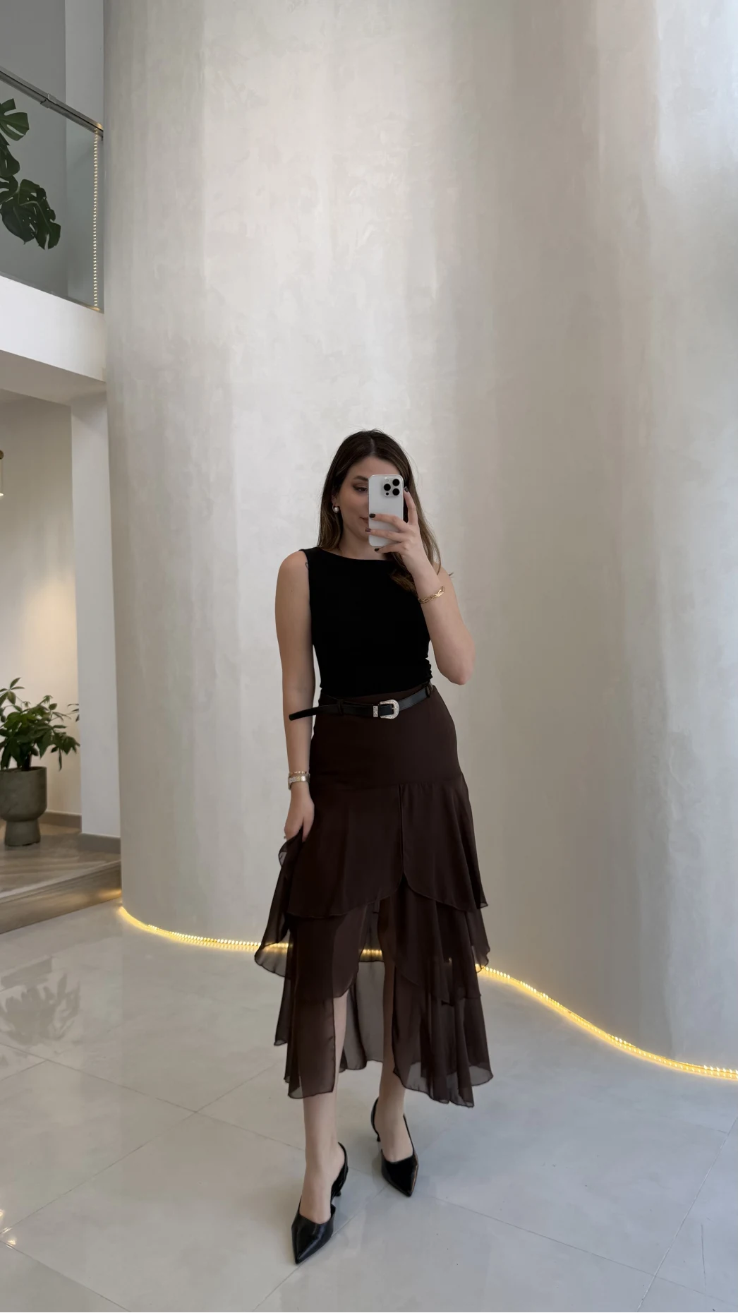 Gossamer Kemerli Yırtmaçlı Şifon Etek - Kahve - Kod: 1557